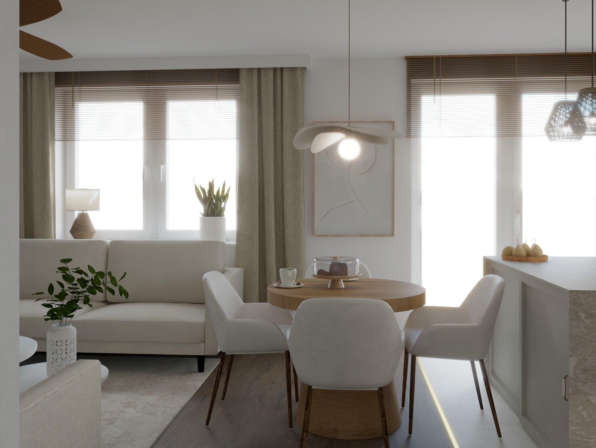 Jasne wnętrze: sofa, okrągły stół z krzesłami, minimalistyczny obraz na ścianie, lampa w kształcie kwiatu. Stonowana kolorystyka, naturalne światło.