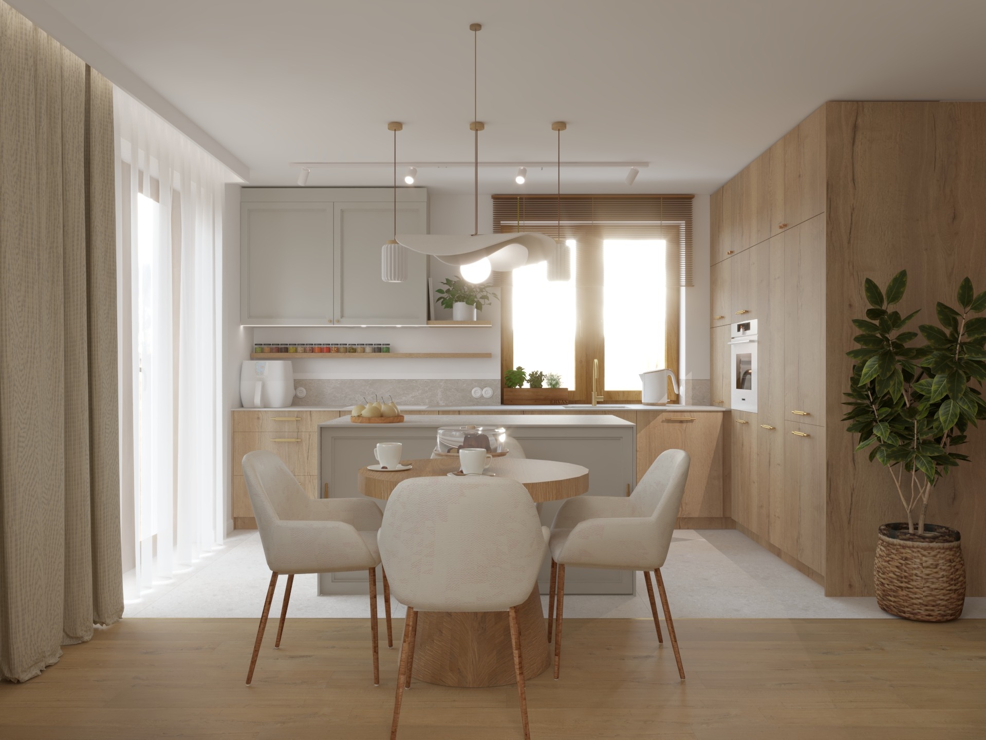 Jasna kuchnia z wyspą i okrągłym stołem jadalnym. Drewniane szafki, beżowe krzesła i zasłony. Roślina doniczkowa dodaje naturalnego akcentu. Nowoczesny projekt wnętrza.