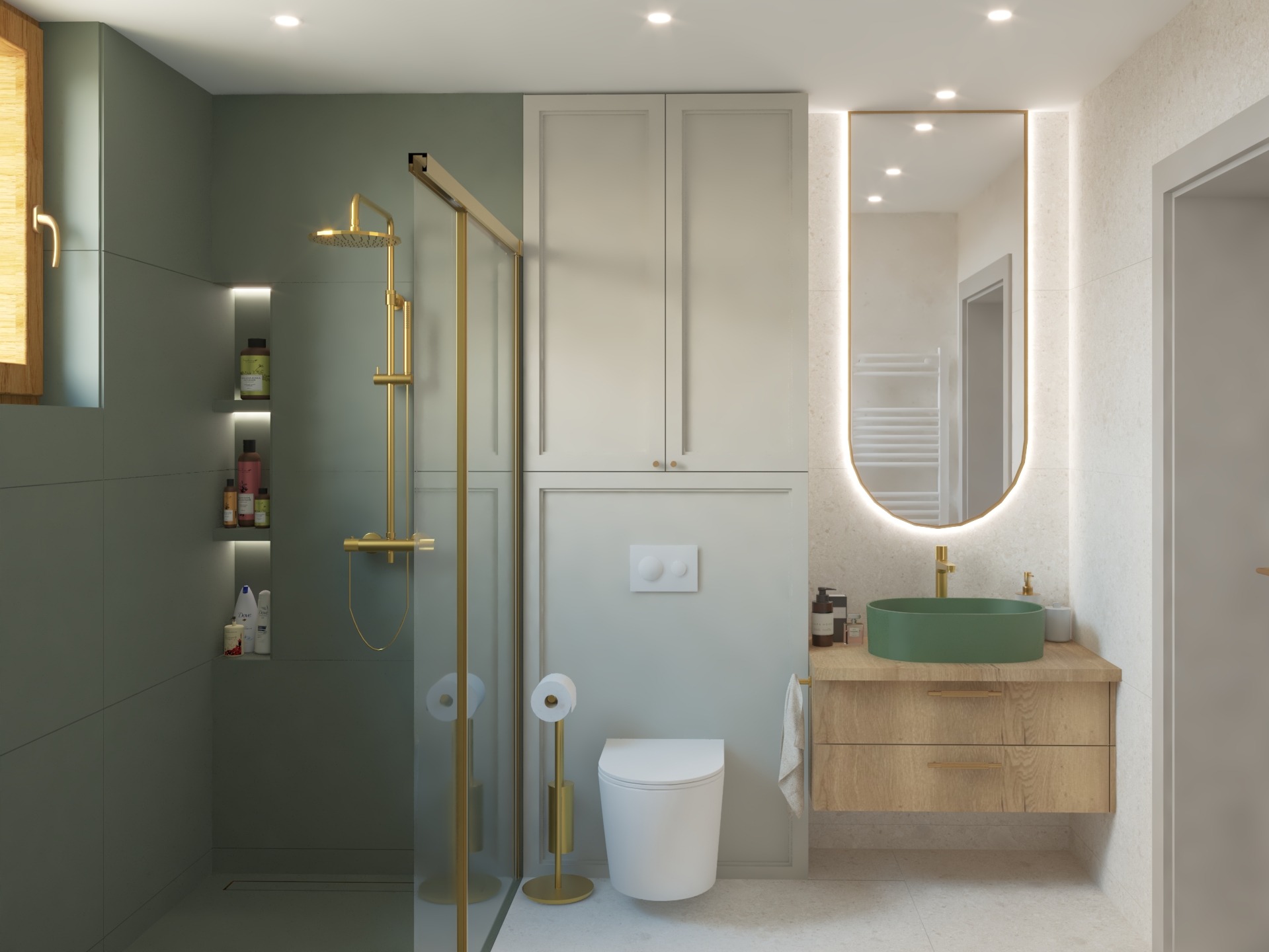 Nowoczesna łazienka z zielonymi akcentami: umywalka nablatowa, złota armatura, kabina prysznicowa typu walk-in i podświetlane lustro owalne. Stonowana kolorystyka.