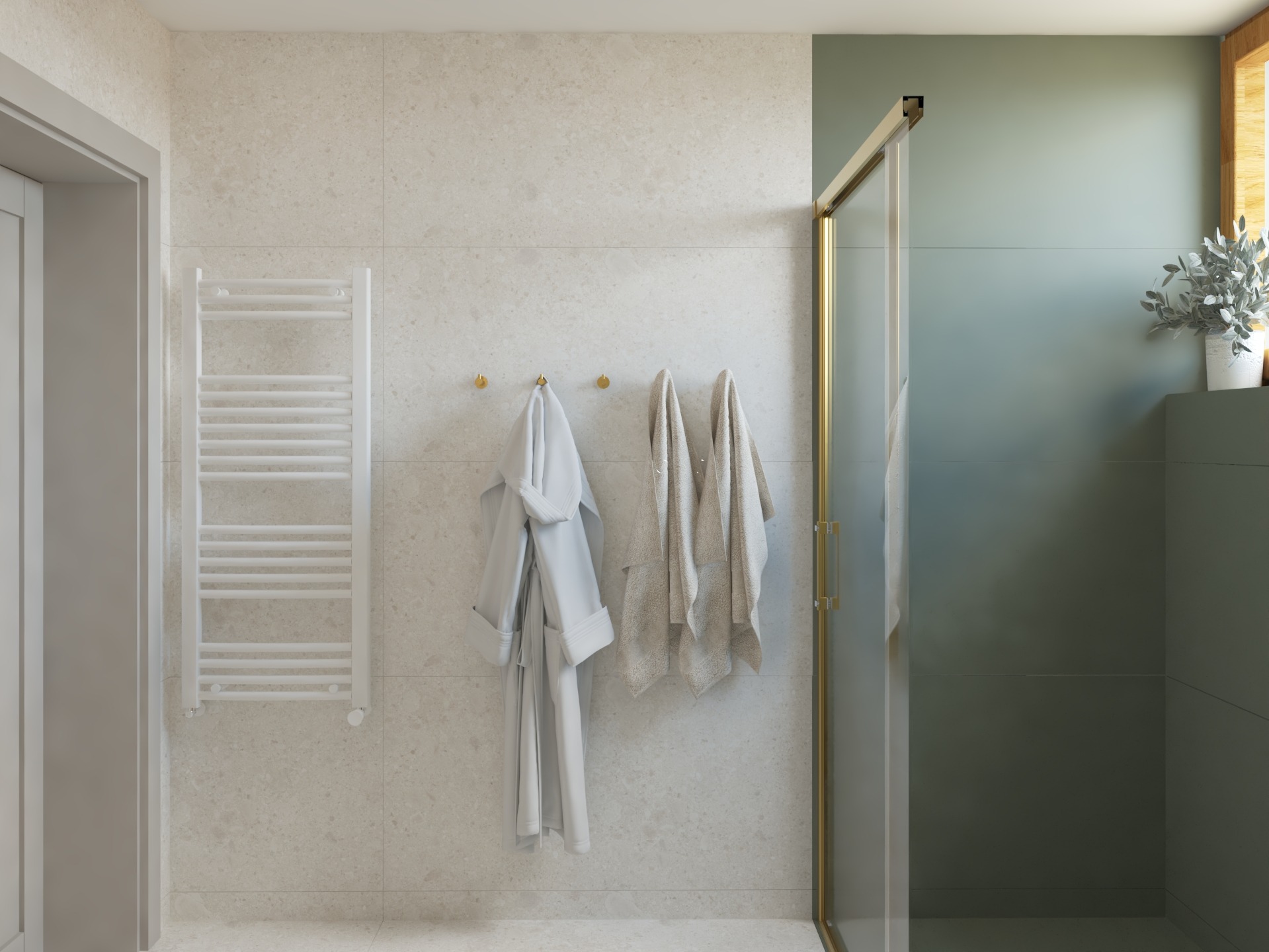Nowoczesna łazienka z beżowymi płytkami, złotymi akcentami kabiny prysznicowej i grzejnikiem drabinkowym. Szlafrok i ręczniki na wieszakach.