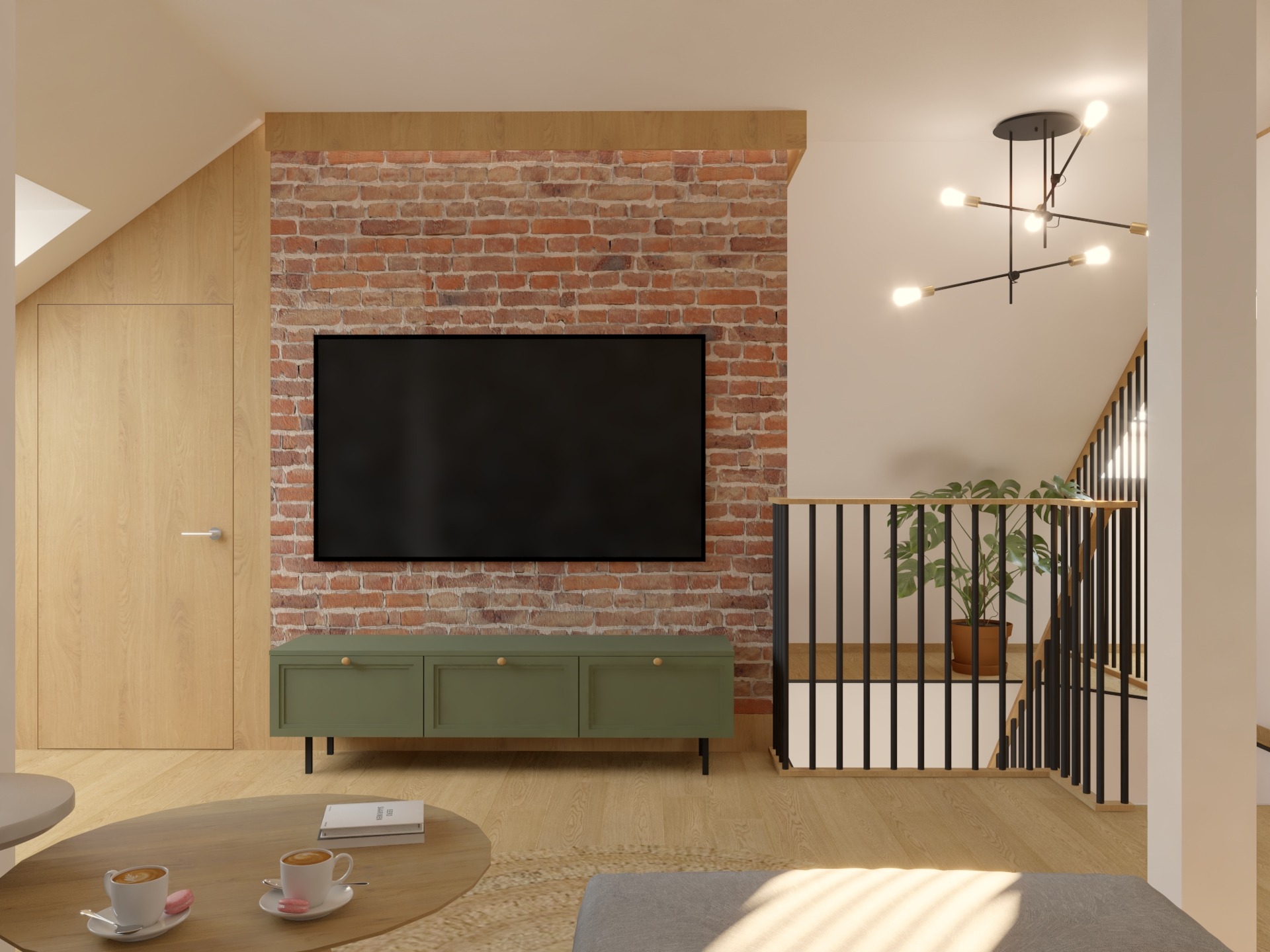 Salon z ceglaną ścianą, telewizorem i zieloną szafką RTV. Na stoliku kawa i książki. Schody z rośliną w tle. Nowoczesne oświetlenie sufitowe.