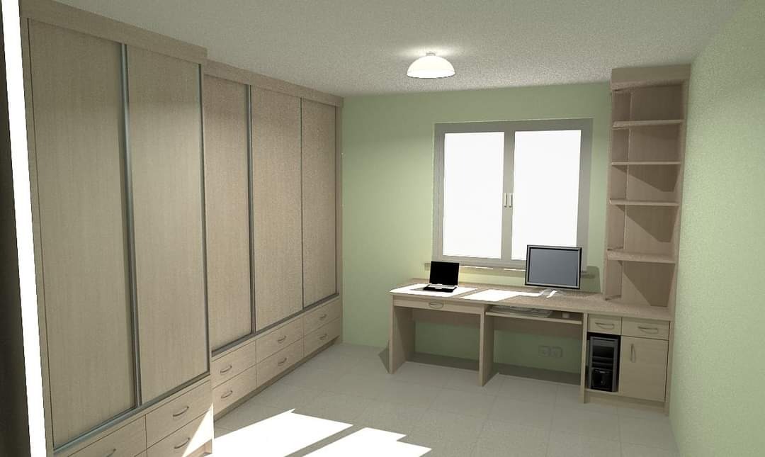 Wizualizacja biura z dużą szafą przesuwną, biurkiem z komputerem i regałem na książki, utrzymana w jasnej kolorystyce.