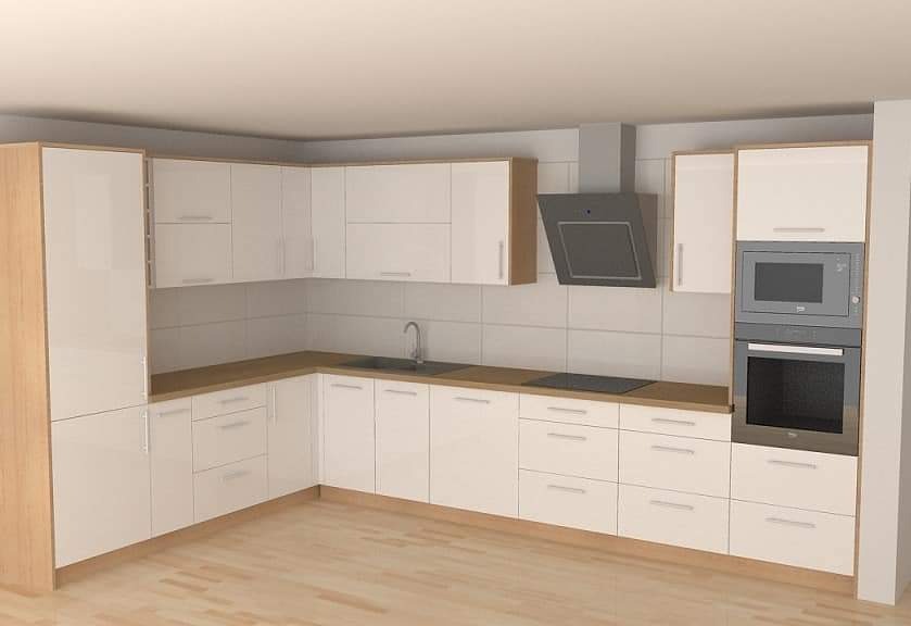 Wizualizacja kuchni w kształcie litery U z białymi, lakierowanymi frontami i drewnianymi akcentami, szarym okapem i sprzętem AGD w zabudowie, na tle białych płytek i drewnianej podłogi.