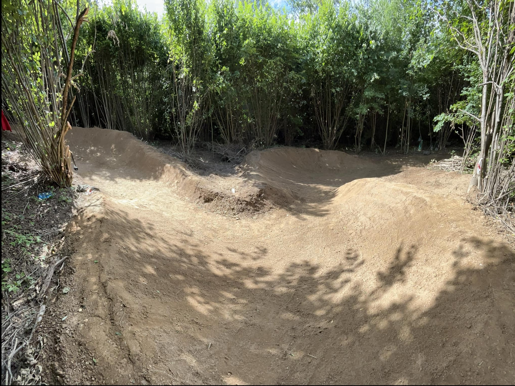 Ukształtowany teren z ziemi, tworzący tor z muldami, otoczony drzewami i krzewami, z cieniami liści na ziemi.