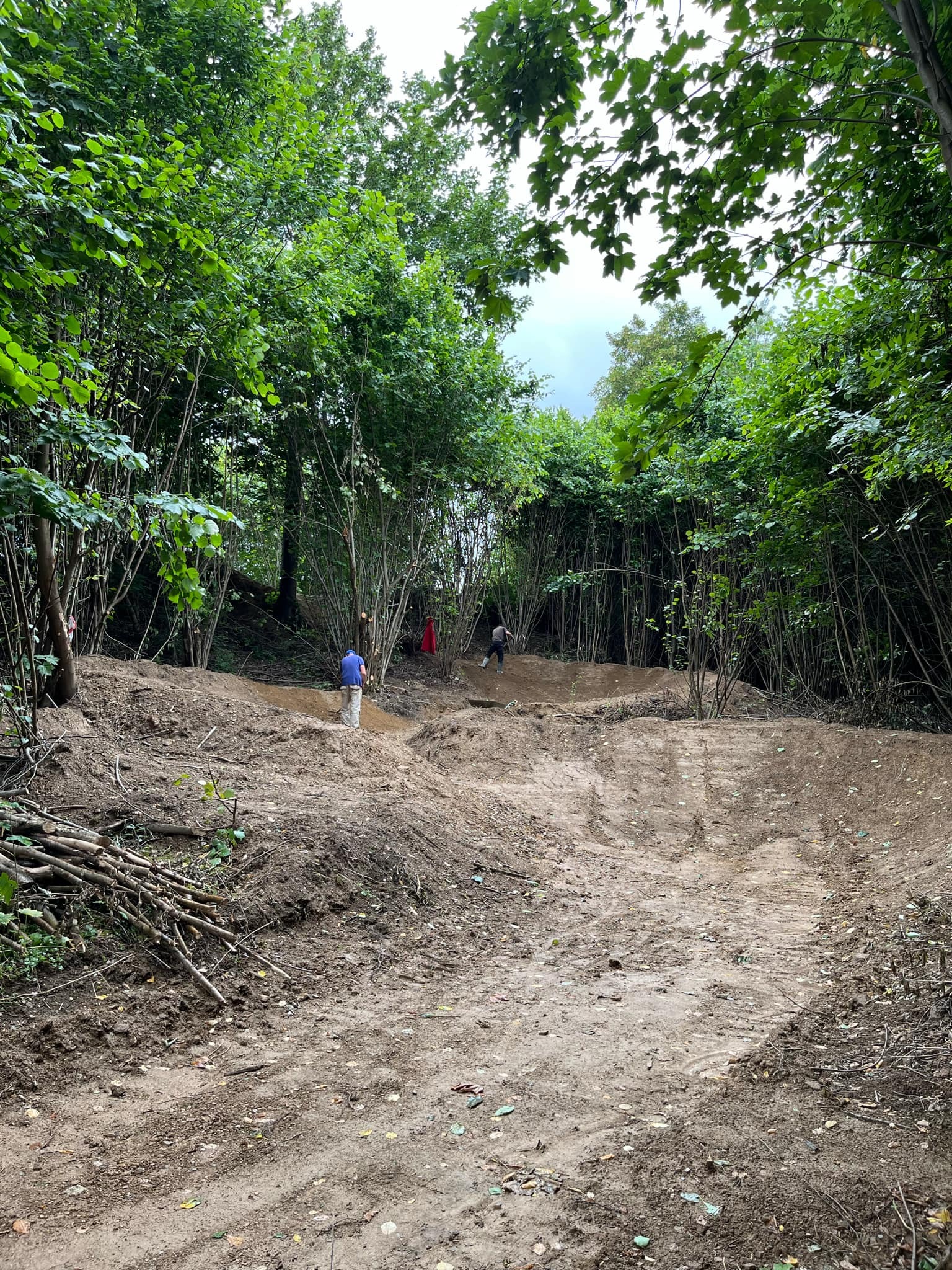 Przygotowanie terenu w lesie, widoczni dwaj pracownicy, jeden w niebieskiej koszuli, drugi w oddali, usypywanie ziemi, wycinka drzew i krzewów, ślady opon na ziemi.