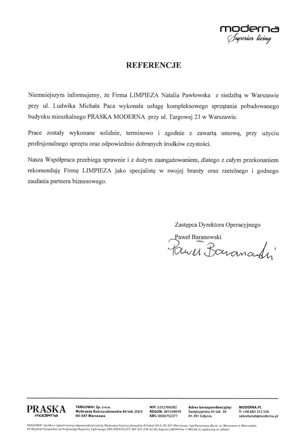 Referencje od firmy Moderna