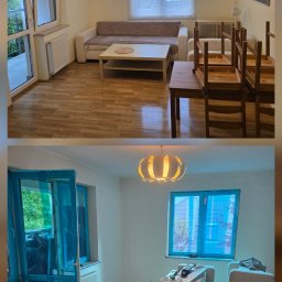 URB Sebastian Bartoszek - Zdjęcie 'przed i po' remontu salonu: od umeblowanego pokoju z parkietem do pustego, przygotowanego do prac wykończeniowych z zabezpieczonymi oknami.