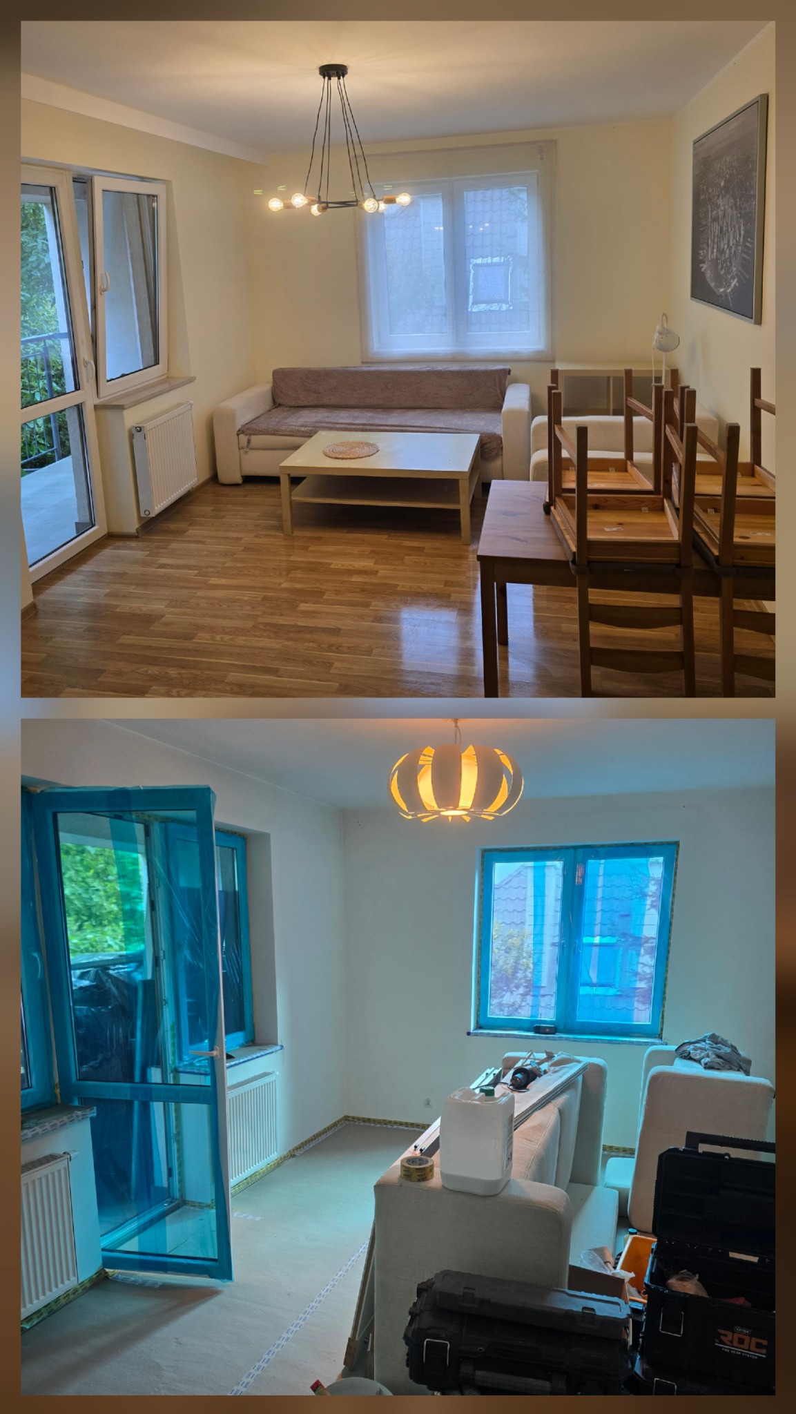 Zdjęcie 'przed i po' remontu salonu: od umeblowanego pokoju z parkietem do pustego, przygotowanego do prac wykończeniowych z zabezpieczonymi oknami.