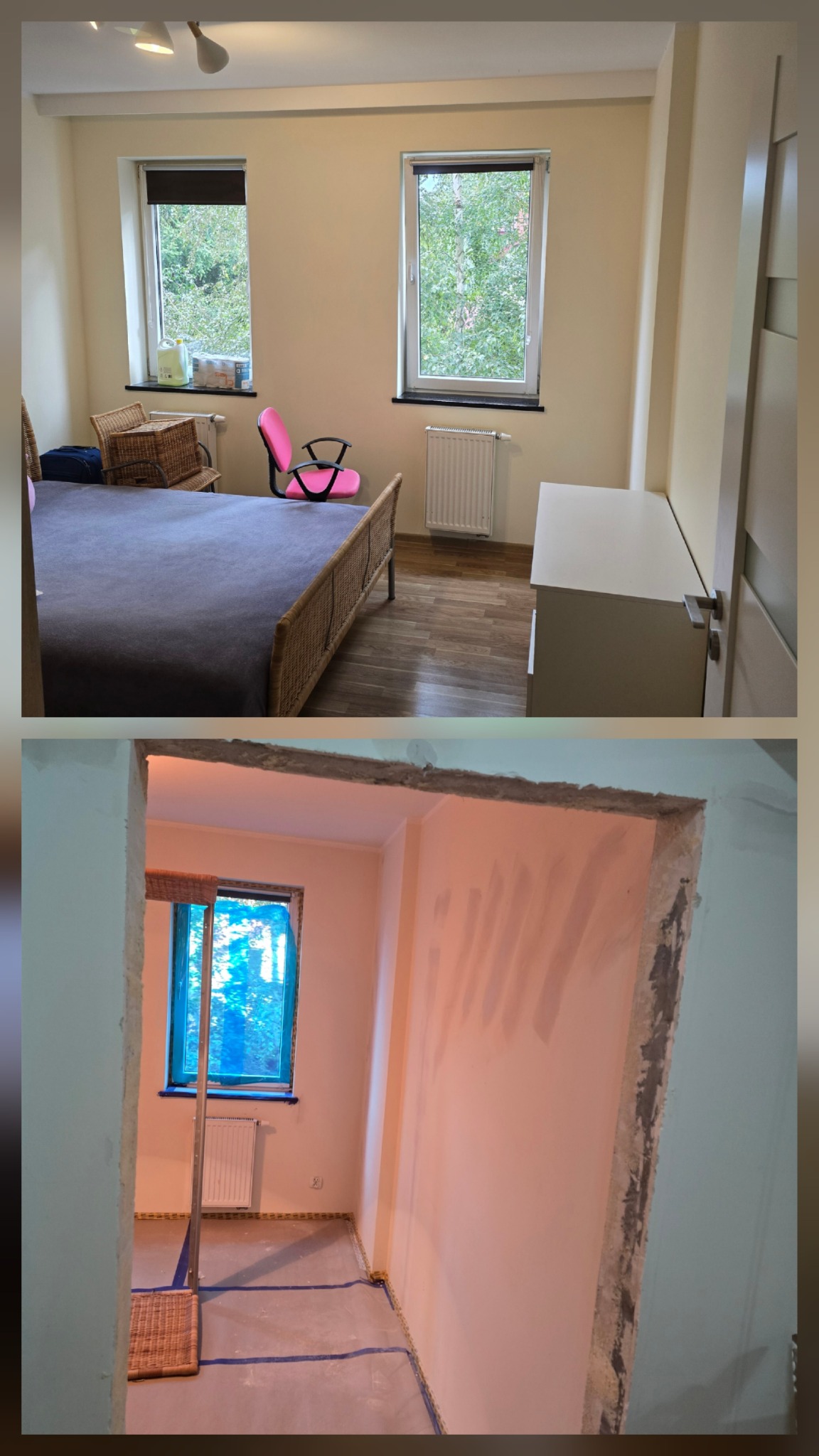 Zdjęcie 'przed i po' przedstawia pokój przed i po remoncie. Widoczna zmiana aranżacji i wykończenia wnętrza, od stanu surowego do odświeżonego pomieszczenia.