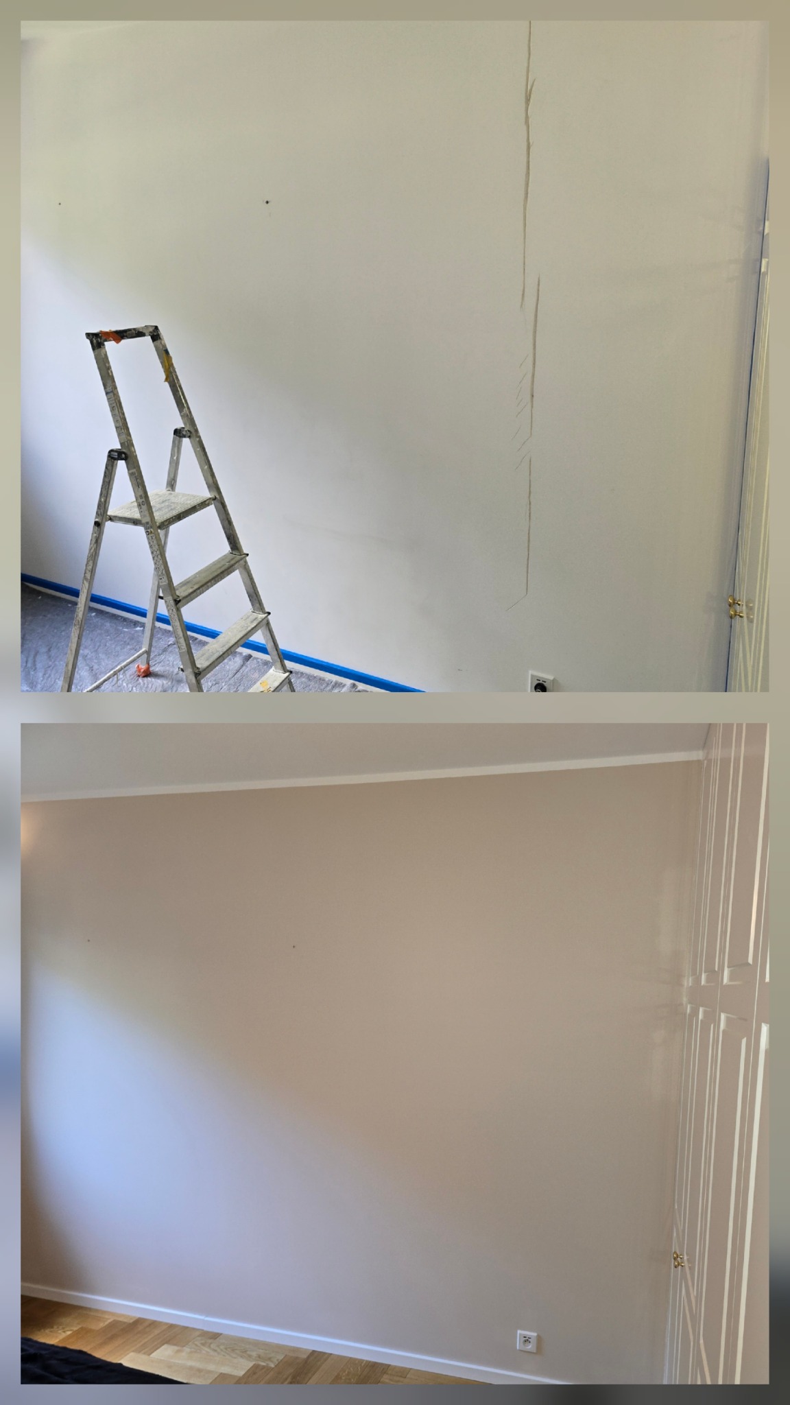 Zdjęcie 'przed i po' malowania ścian w pokoju. Na górze drabina i ślady po uszkodzeniach, na dole gładka, pomalowana ściana w odcieniach beżu.
