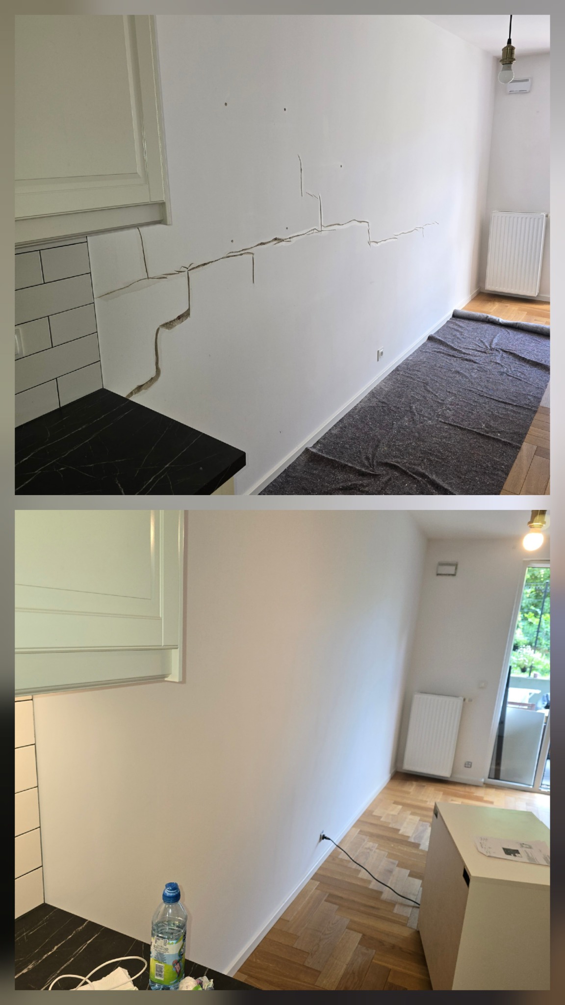 Zdjęcie 'przed i po' ukazujące ścianę z pęknięciami przed i po szpachlowaniu i malowaniu, z fragmentem blatu i białych płytek w kadrze.