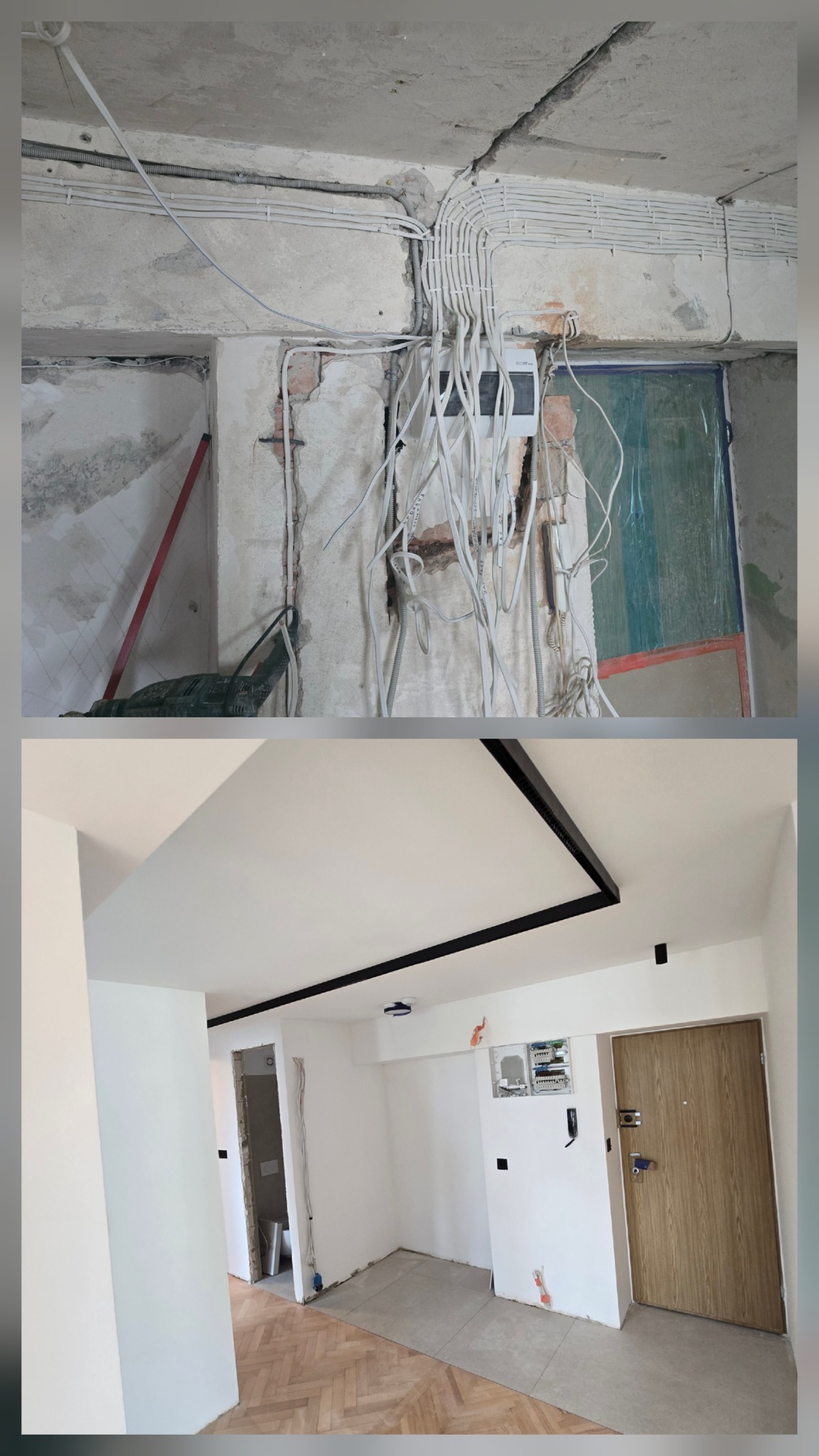 Zdjęcie 'przed i po' instalacji elektrycznej w remontowanym wnętrzu. Widoczne kable w surowym stanie i wykończone, pomalowane ściany z nową skrzynką elektryczną.