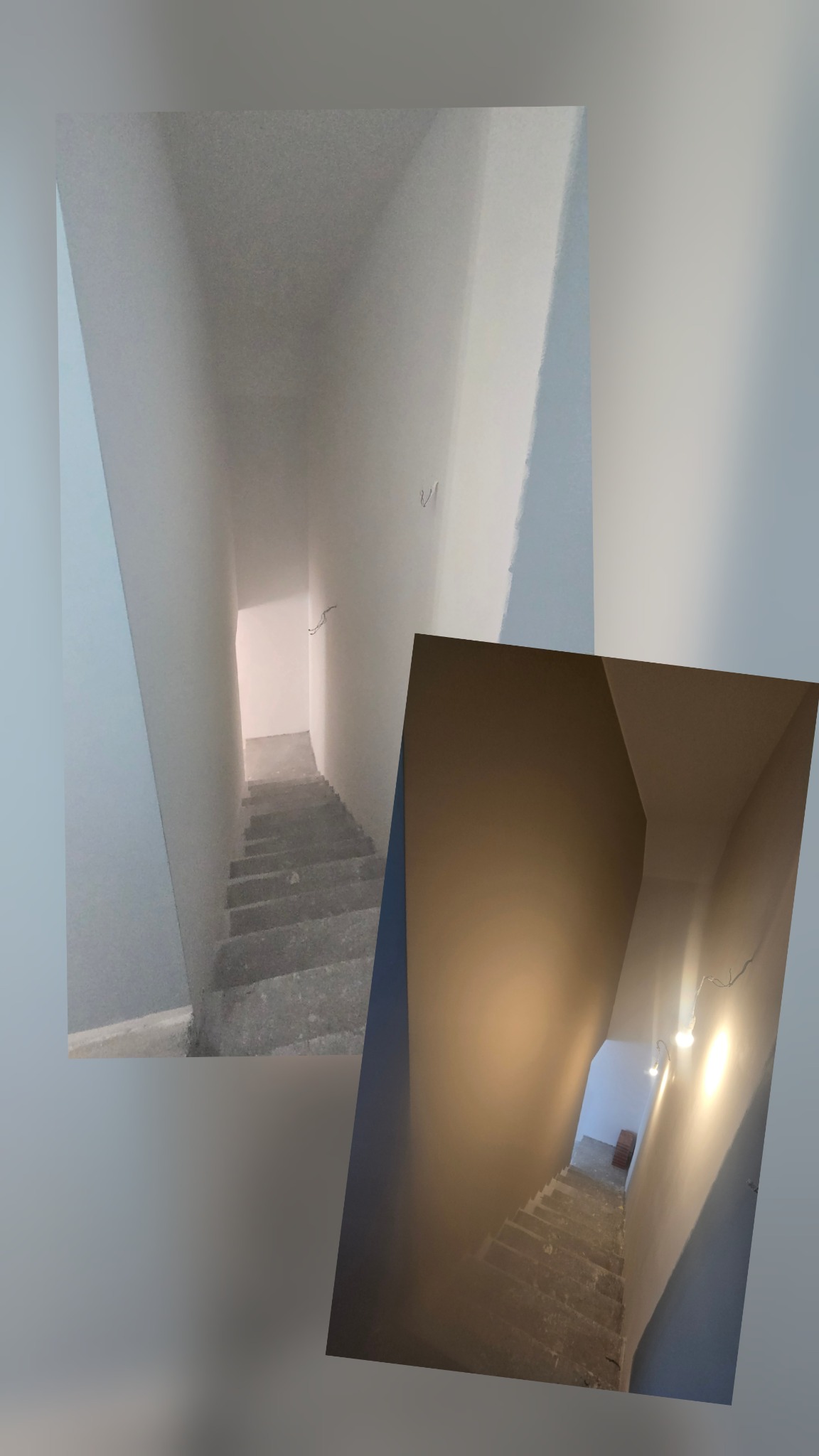 Klatka schodowa po szpachlowaniu i malowaniu na biało, widok z góry. Na ścianach widoczne niedoskonałości przed ostatecznym wykończeniem. Ujęcie z dwóch perspektyw.