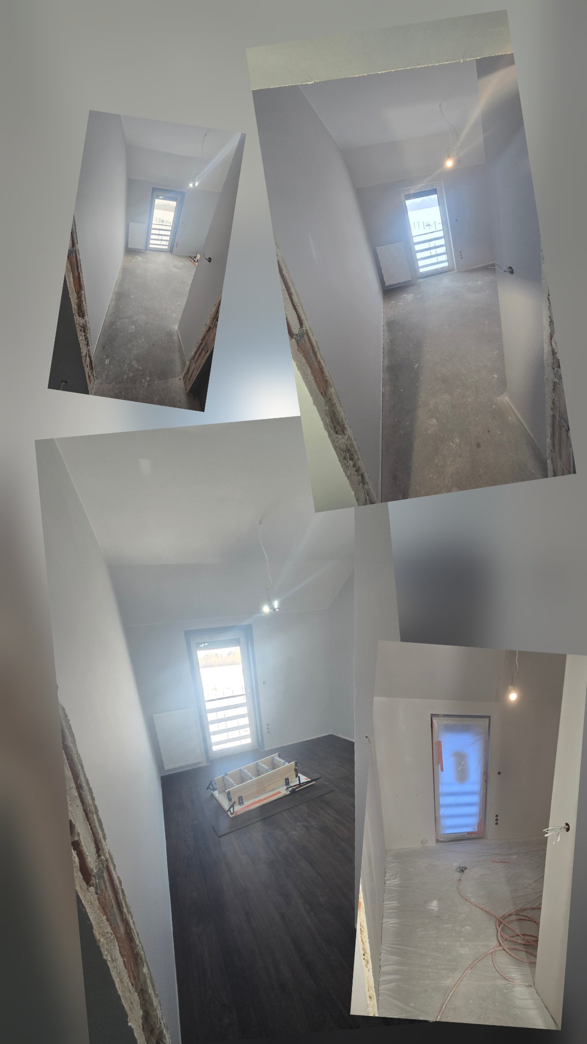 Wnętrze w trakcie prac wykończeniowych: gładkie ściany, częściowo ułożona podłoga, zabezpieczone okno folią. Widoczne ślady po kuciu i przygotowaniu do dalszych prac.