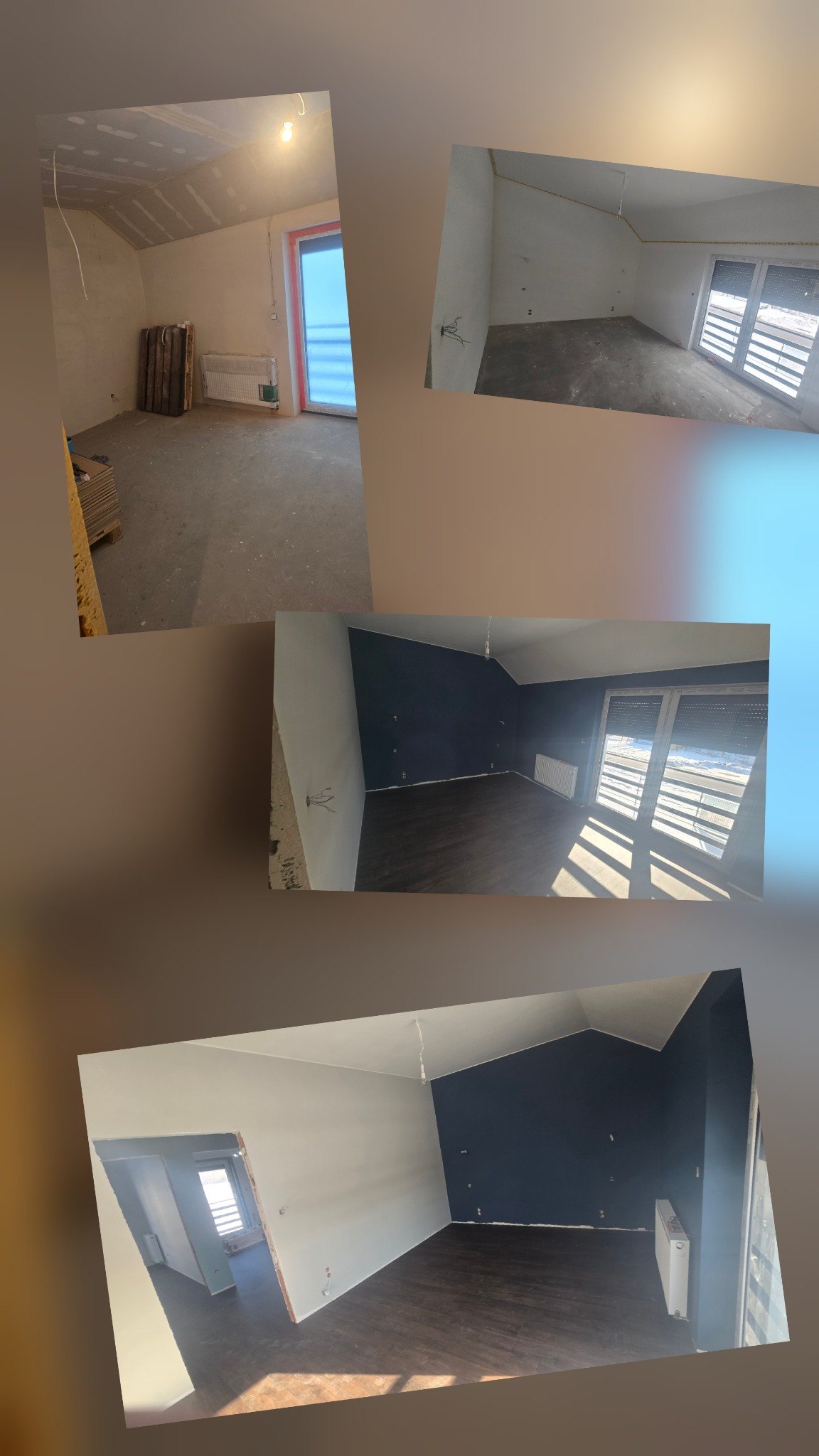 Kolaż zdjęć poddasza: surowe ściany z płyt karton-gips, świeżo pomalowane ściany w odcieniach bieli i granatu, panele podłogowe. Widoczne okna i grzejniki.