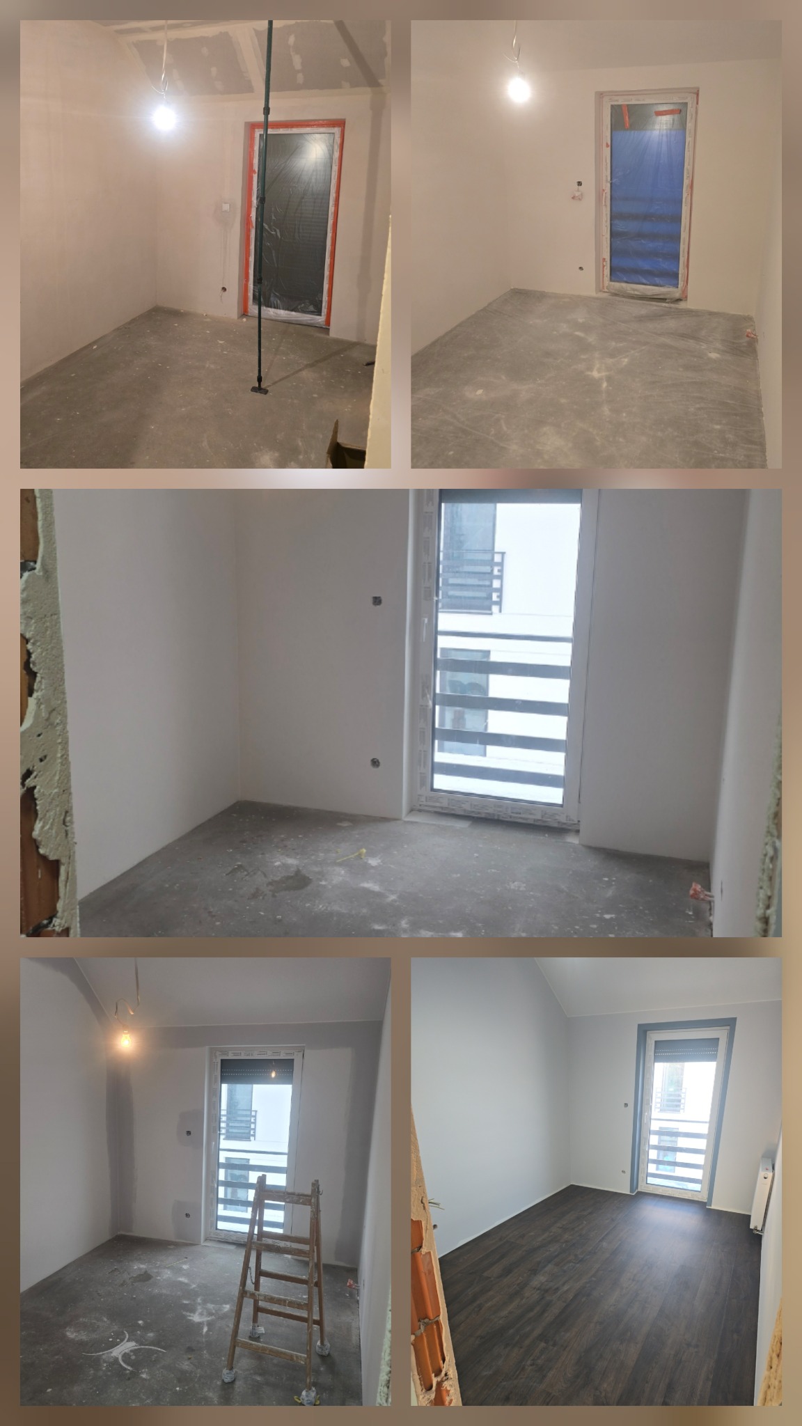 Kolaż zdjęć pokoju w trakcie remontu: od surowych ścian i podłóg po gładzie i panele. Widoczne okna, drabina i elementy instalacji. Etapy prac wykończeniowych.