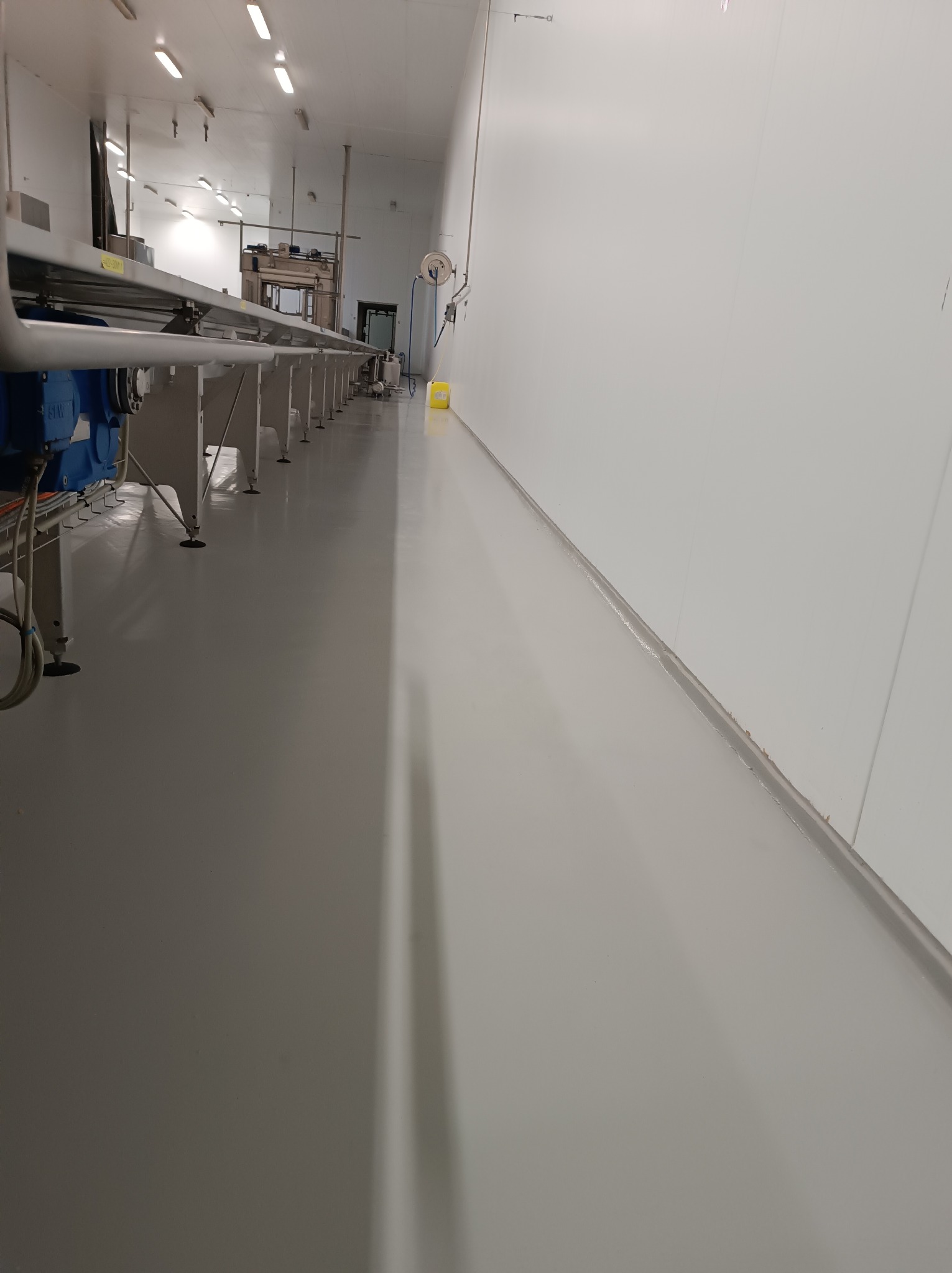 Jasnoszara, jednolita posadzka w sterylnym pomieszczeniu przemysłowym z długą linią produkcyjną po lewej stronie i białymi ścianami.