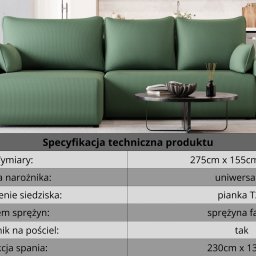 FHU RAFAŁ WALENDA - Nowoczesna zielona sofa narożna z teksturowaną tapicerką, ustawiona w jasnym salonie z aneksem kuchennym, obok czarnego stolika kawowego z dekoracjami.