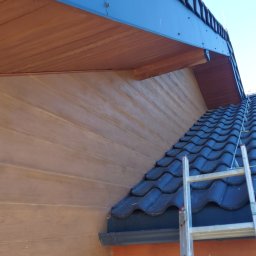 Prywatna - Fragment domu z ciemną dachówką, drewnopodobną elewacją i metalową drabiną opartą o dach, widok z dołu.