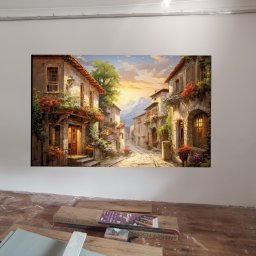 JANTOS.INK JAROSŁAW ZNISZCZOŁ - Pokój w trakcie remontu, z położonymi panelami podłogowymi i powieszonym obrazem przedstawiającym włoską uliczkę.