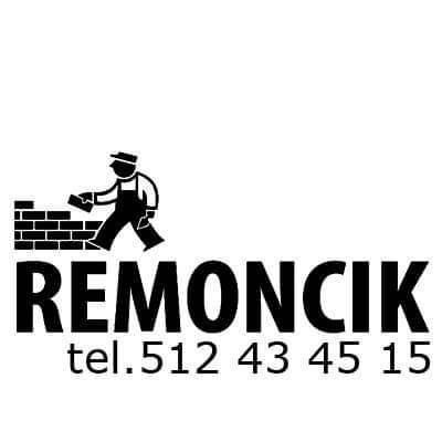 Czarno-białe logo firmy budowlanej przedstawiające murarza układającego cegły obok nazwy firmy i numeru telefonu.