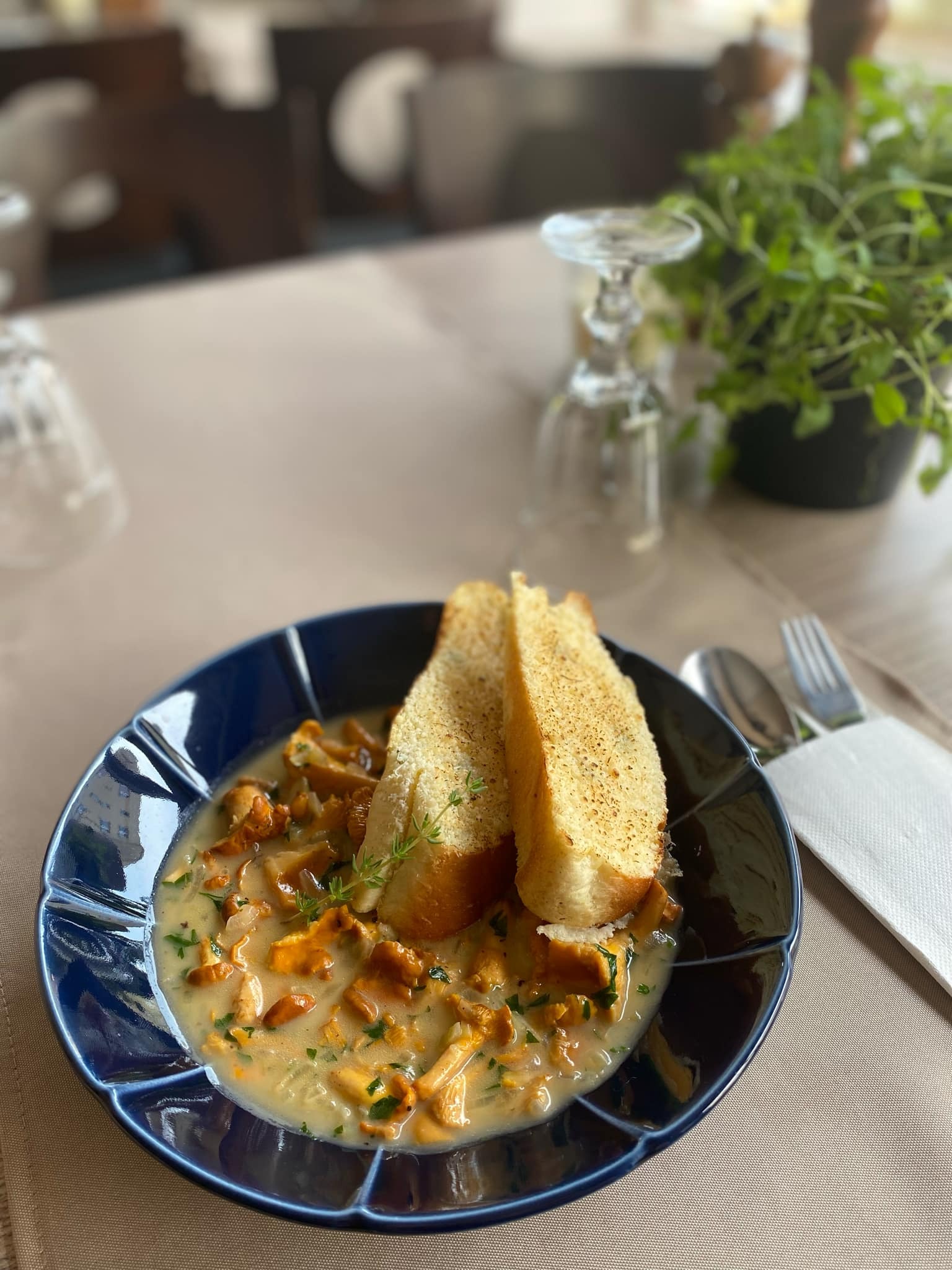 Kremowa zupa z kurek w niebieskiej, dekoracyjnej misce, podana z dwoma grzankami, udekorowana świeżym tymiankiem, na stole z beżowym obrusem, w tle szklanki i roślina doniczkowa.