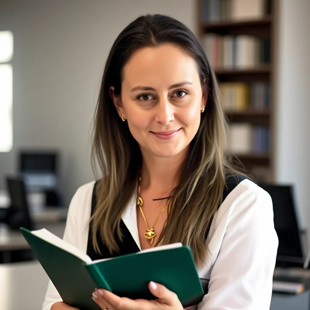 Uśmiechnięta kobieta w białej koszuli i czarnej kamizelce, z kolczykami i naszyjnikiem w kolorze złota, trzyma otwarta zieloną książkę w biurze z regałem pełnym książek w tle.