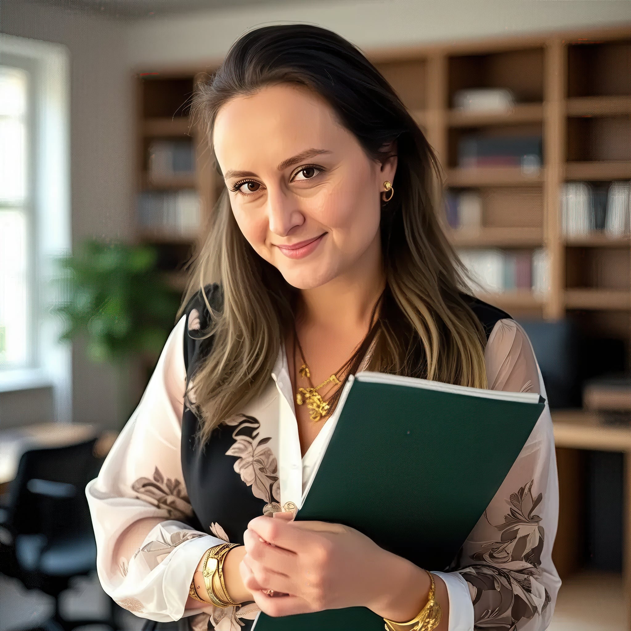 Uśmiechnięta kobieta w kwiecistej bluzce i złotych bransoletkach trzymająca zielony segregator na tle regału z książkami.