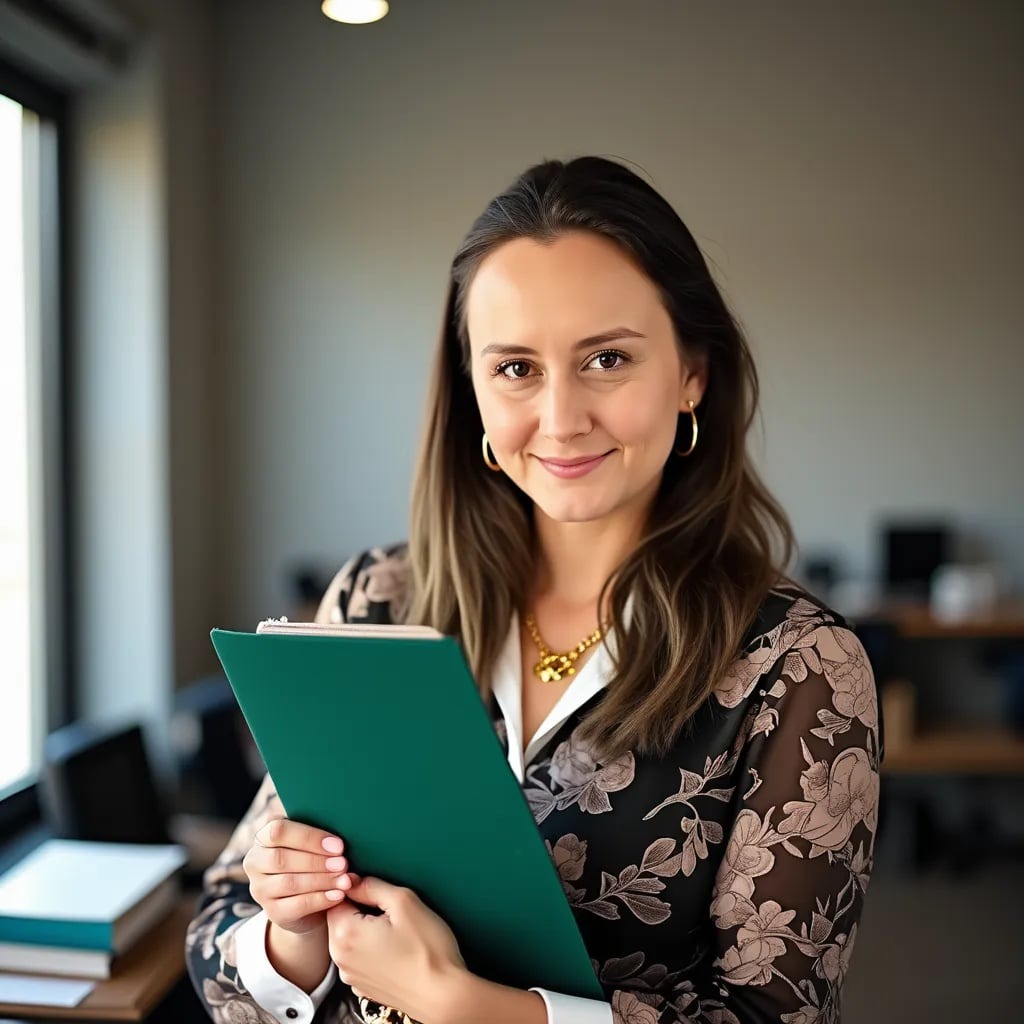 Uśmiechnięta kobieta w bluzce w kwiaty trzyma zielony notatnik w biurze, w tle okno i biurko.