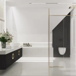 Elegancka łazienka w bieli i czerni z marmurowymi akcentami, szklaną kabiną prysznicową z złotymi ramami i wiszącą toaletą na ciemnej ścianie, oświetlenie LED podkreśla marmurową powierzchnię.