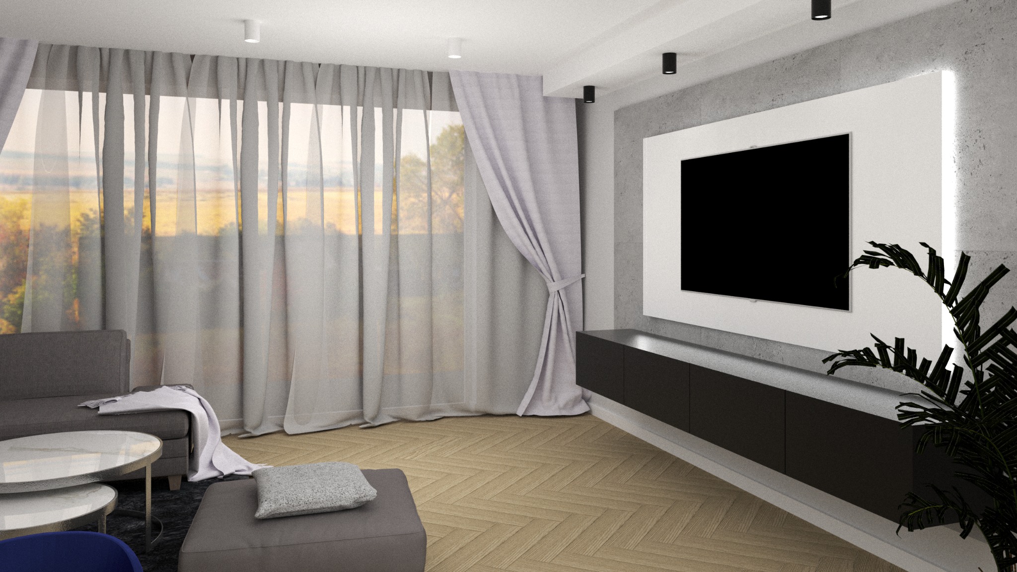 Nowoczesny salon z szarym narożnikiem, stolikami kawowymi z marmurowym blatem, telewizorem w białej obudowie na betonowej ścianie i parkietem ułożonym w jodełkę.