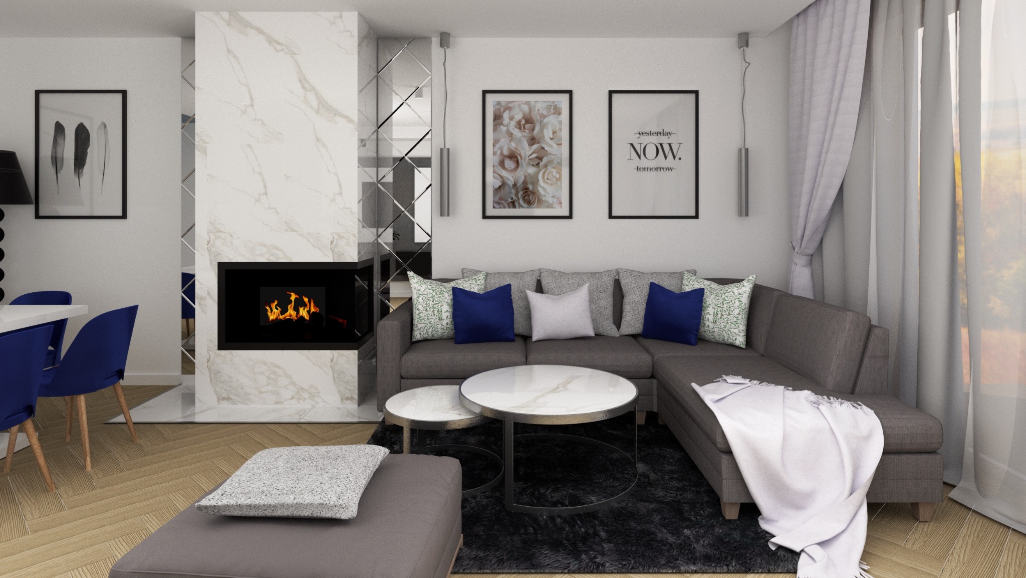 Wizualizacja salonu z kominkiem obłożonym marmurem, narożną sofą w odcieniach szarości z niebieskimi poduszkami, okrągłymi stolikami kawowymi i parkietem ułożonym w jodełkę.