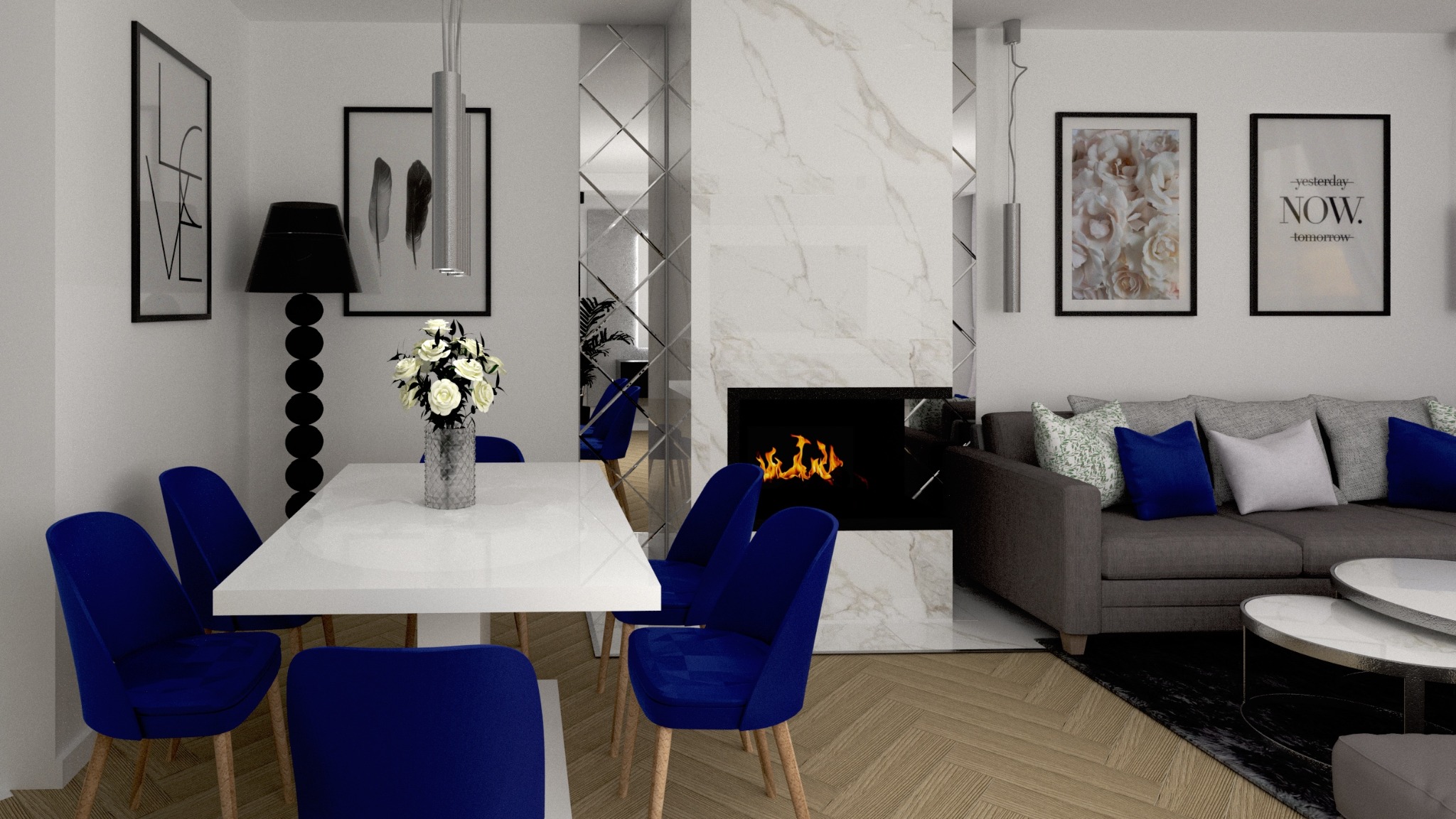 Wizualizacja salonu z jadalnią: biały stół, niebieskie krzesła, marmurowy kominek i szara sofa z poduszkami.