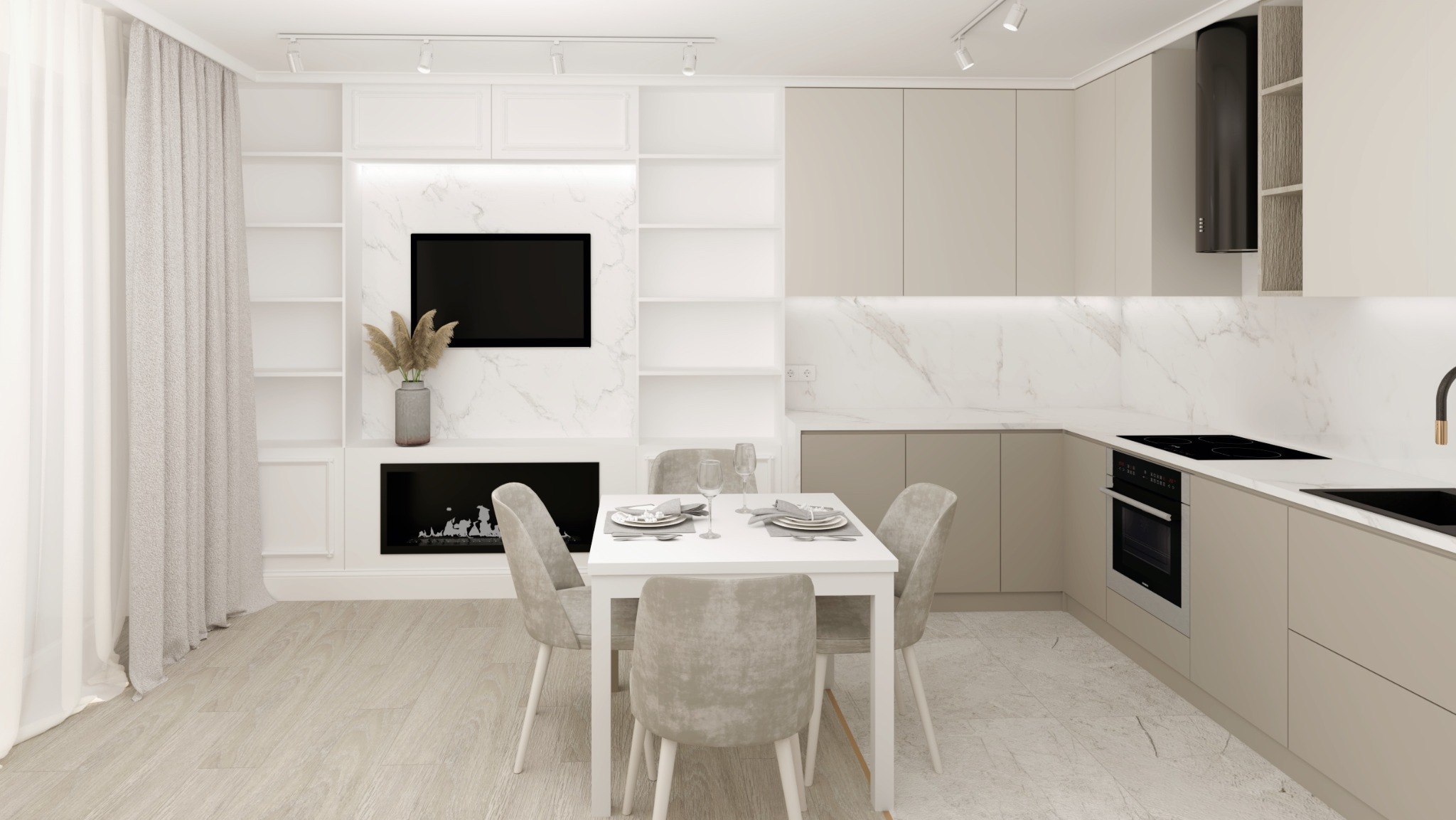 Wizualizacja wnętrza: nowoczesna kuchnia z beżowymi szafkami, marmurowym blatem i ścianą, biały stół z czterema krzesłami oraz regał z telewizorem i kominkiem.