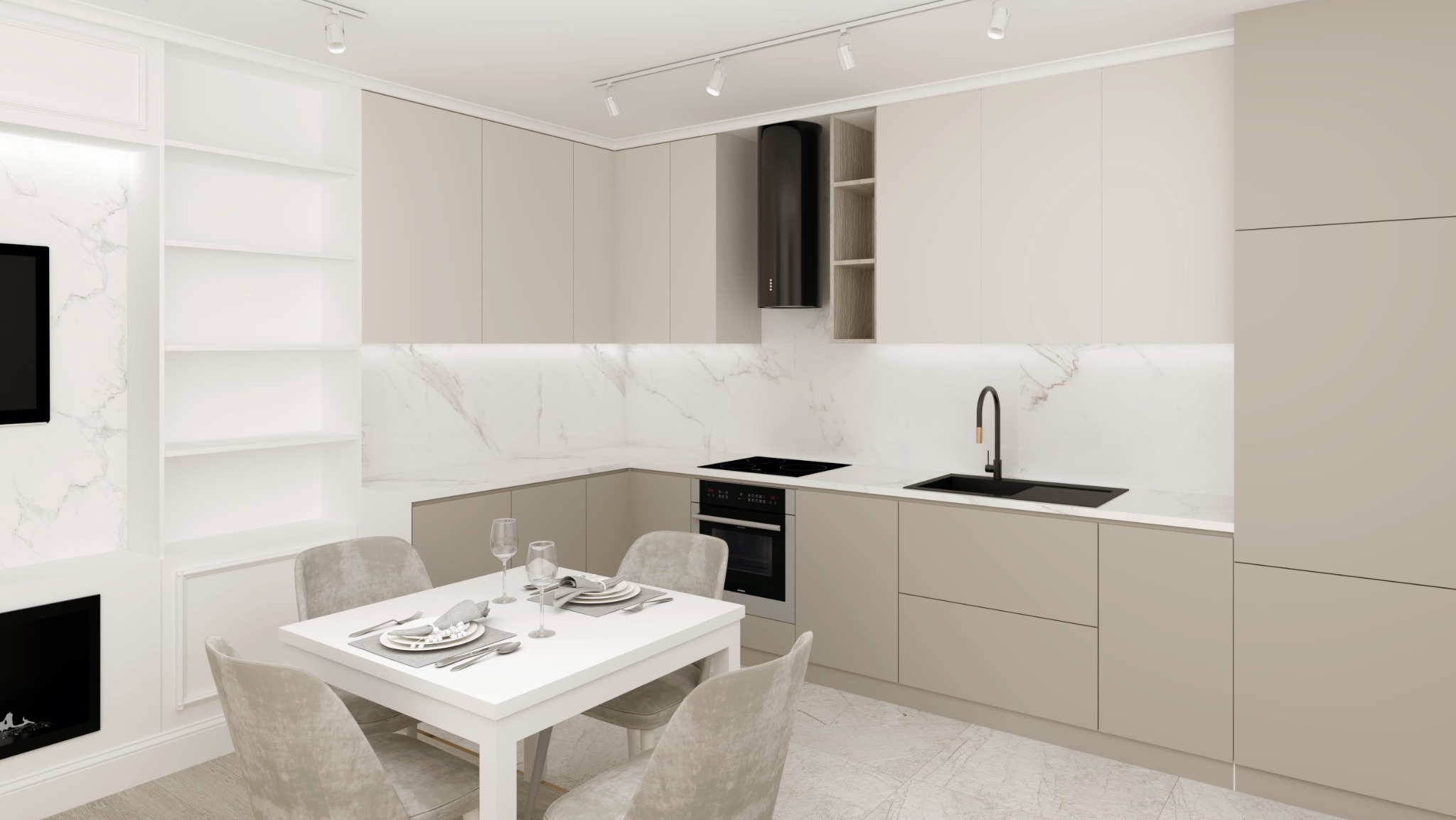 Nowoczesna kuchnia w odcieniach beżu i bieli z marmurowym blatem, czarną armaturą i płytą indukcyjną, uzupełniona o stół z nakryciem dla czterech osób i dekoracyjny regał z telewizorem.