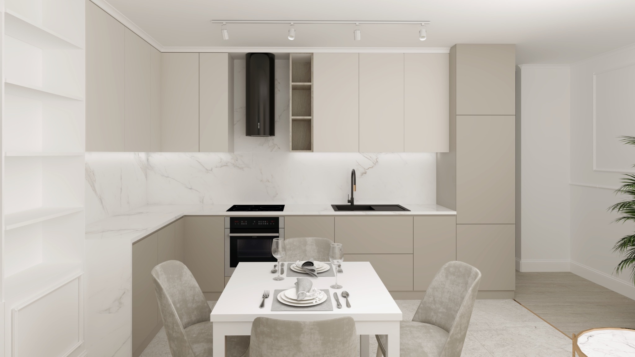 Jasna kuchnia z beżowymi szafkami, marmurowym blatem i czarnym okapem, stół z nakryciem dla czterech osób, nowoczesne oświetlenie punktowe.