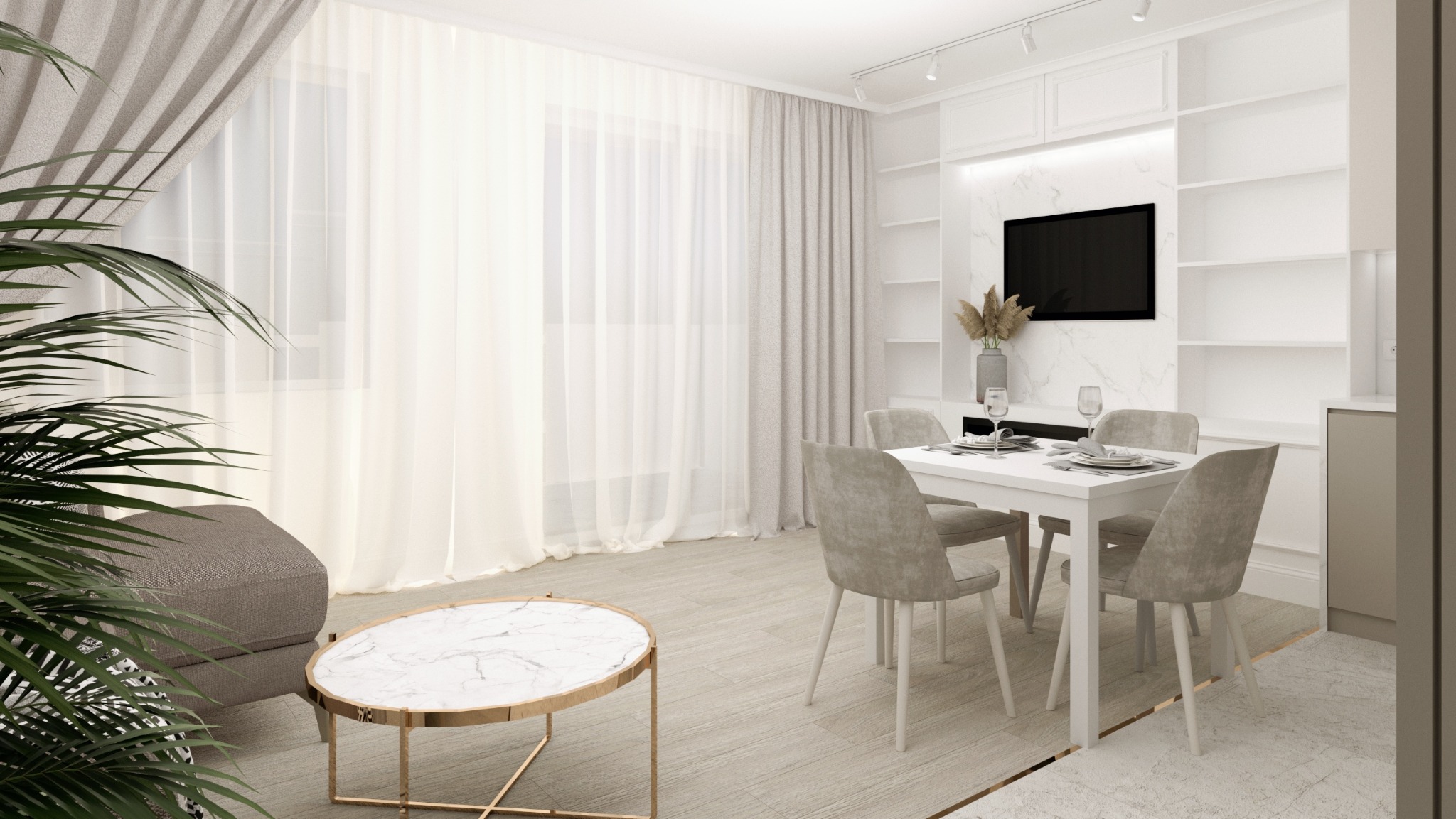Jasne wnętrze jadalni z białym stołem, krzesłami w odcieniach szarości, marmurowym stolikiem kawowym i rośliną doniczkową na pierwszym planie