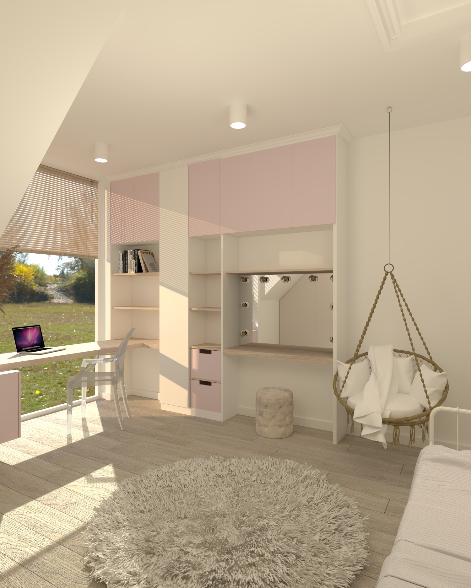 Wizualizacja pokoju młodzieżowego z biurkiem przy oknie z widokiem na ogród, szafą na wymiar z elementami w kolorze pudrowego różu, toaletką z oświetleniem i wiszącym fotelem hamakowym.