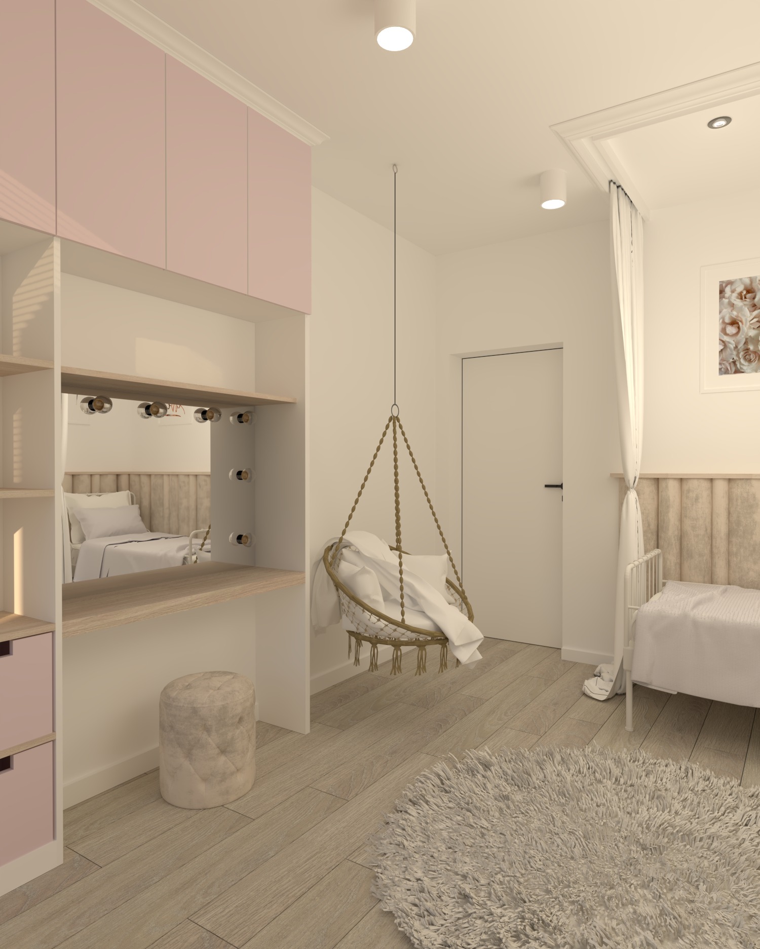 Jasny pokój dziecięcy z różowymi akcentami: zabudowa z toaletką z oświetleniem, wiszący fotel hamakowy, łóżko z baldachimem i puszysty dywan na drewnianej podłodze.