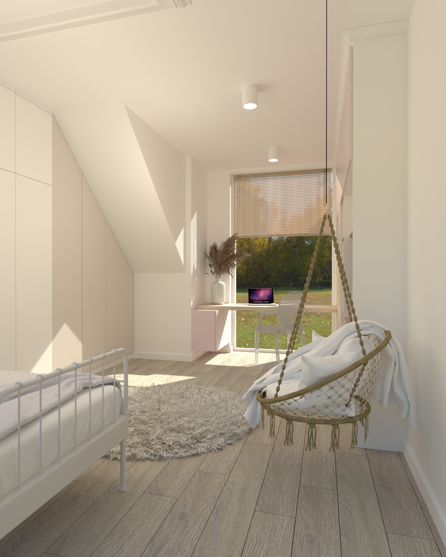 Jasne, minimalistyczne wnętrze pokoju na poddaszu z łóżkiem, biurkiem z laptopem przy oknie i wiszącym fotelem hamakowym.