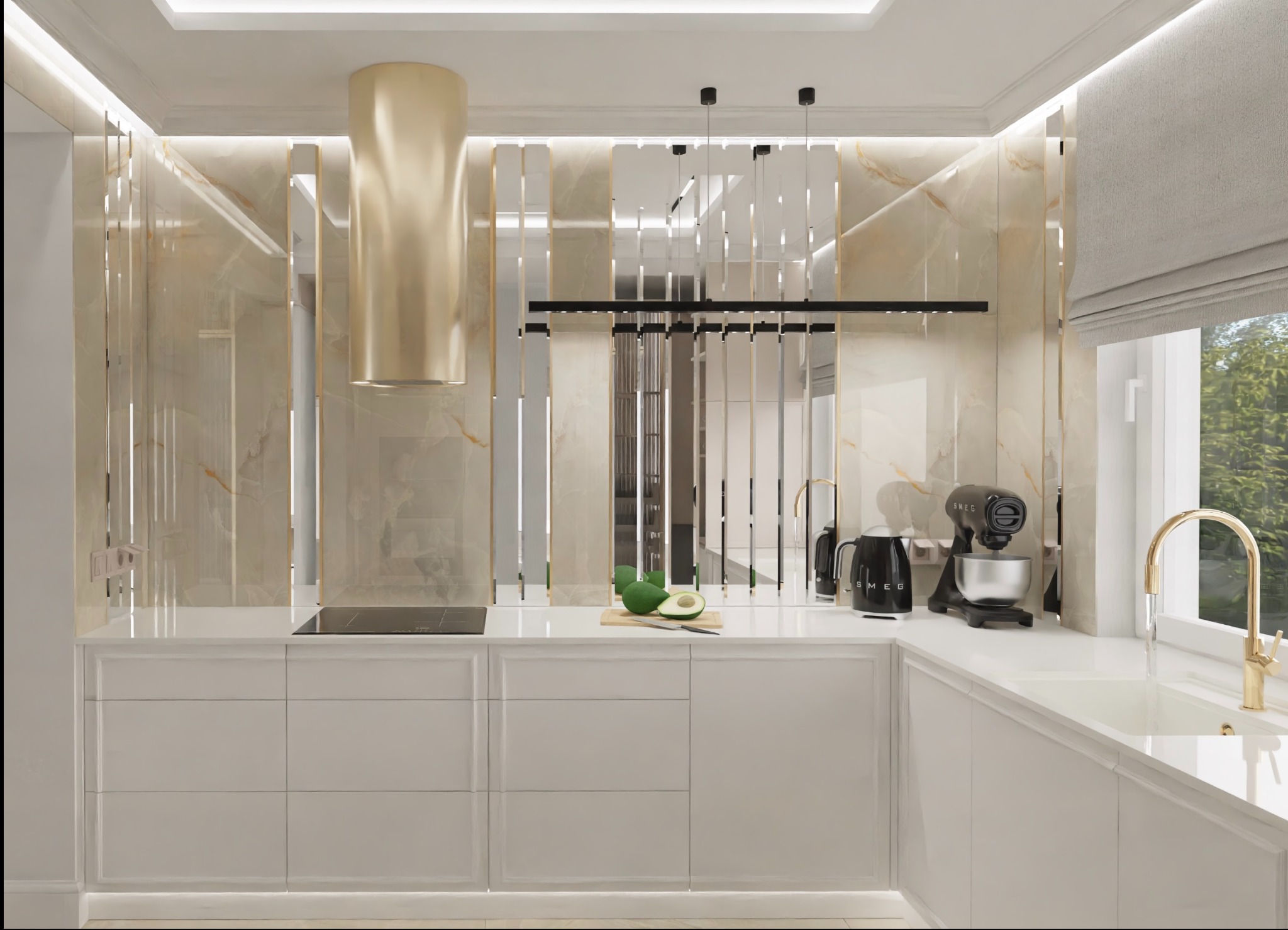 Nowoczesna kuchnia z białymi szafkami, złotymi akcentami i marmurowym backsplashiem, wyposażona w sprzęt AGD marki SMEG oraz świeże awokado na blacie.