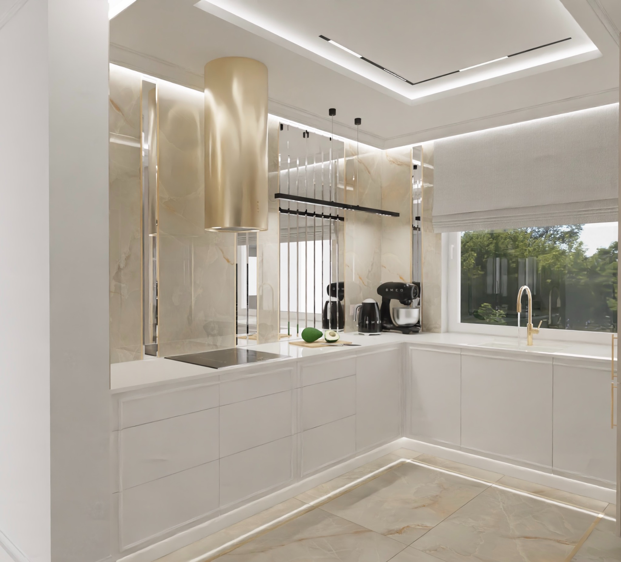 Nowoczesna kuchnia z białymi szafkami, marmurową ścianą i podłogą, złotym okapem cylindrycznym i armaturą, oświetleniem LED, wyposażona w sprzęt AGD SMEG i awokado na blacie.