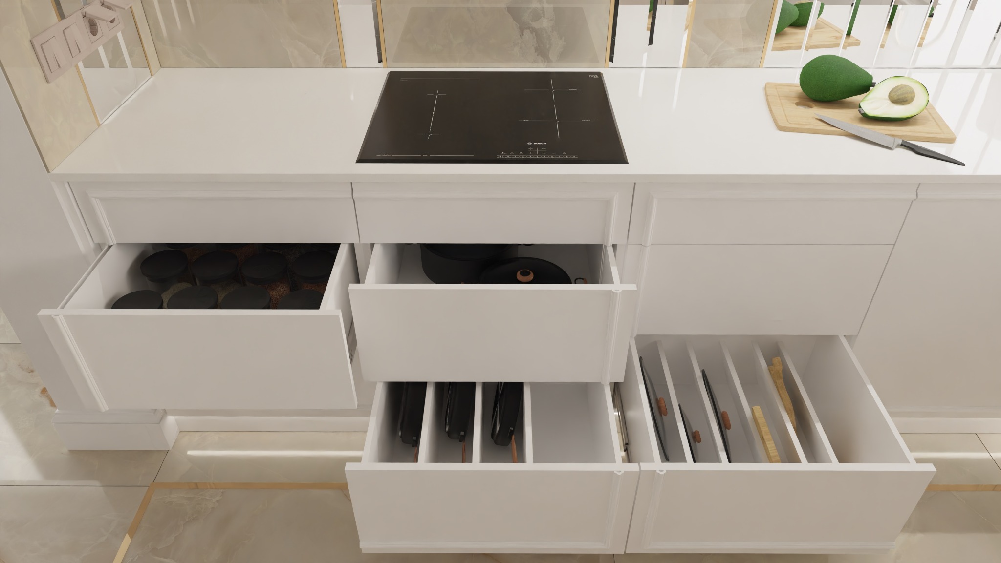 Nowoczesna, biała kuchnia z otwartymi szufladami: przyprawy w słoiczkach, garnki i patelnie, sztućce w przegródkach, płyta indukcyjna na blacie, awokado przekrojone na desce.