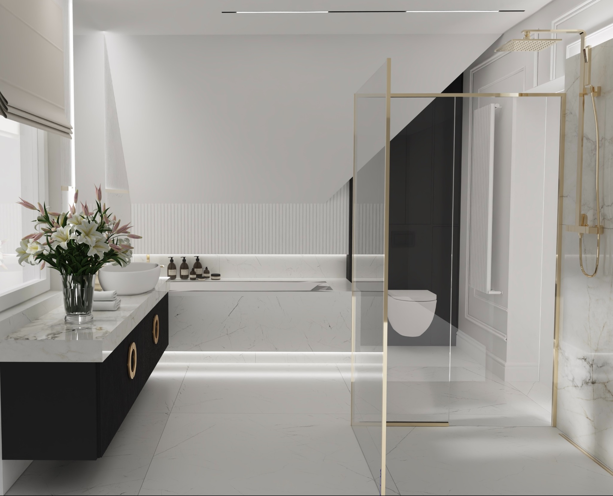 Nowoczesna łazienka z marmurowymi powierzchniami, czarną szafką z okrągłymi, złotymi uchwytami, szklaną kabiną prysznicową z złotymi ramami oraz bukietem białych lilii w wazonie.