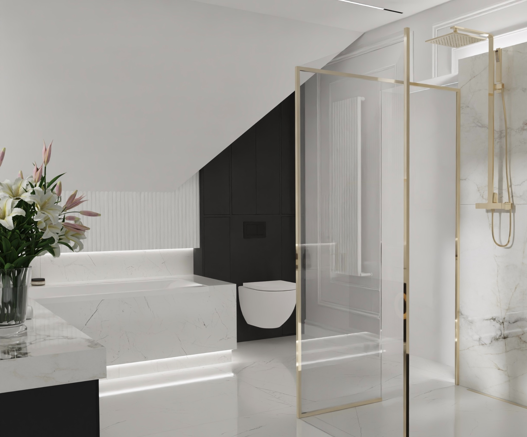 Nowoczesna łazienka na poddaszu z marmurową wanną podświetloną LED, kabiną prysznicową ze złotymi detalami i czarną zabudową WC.