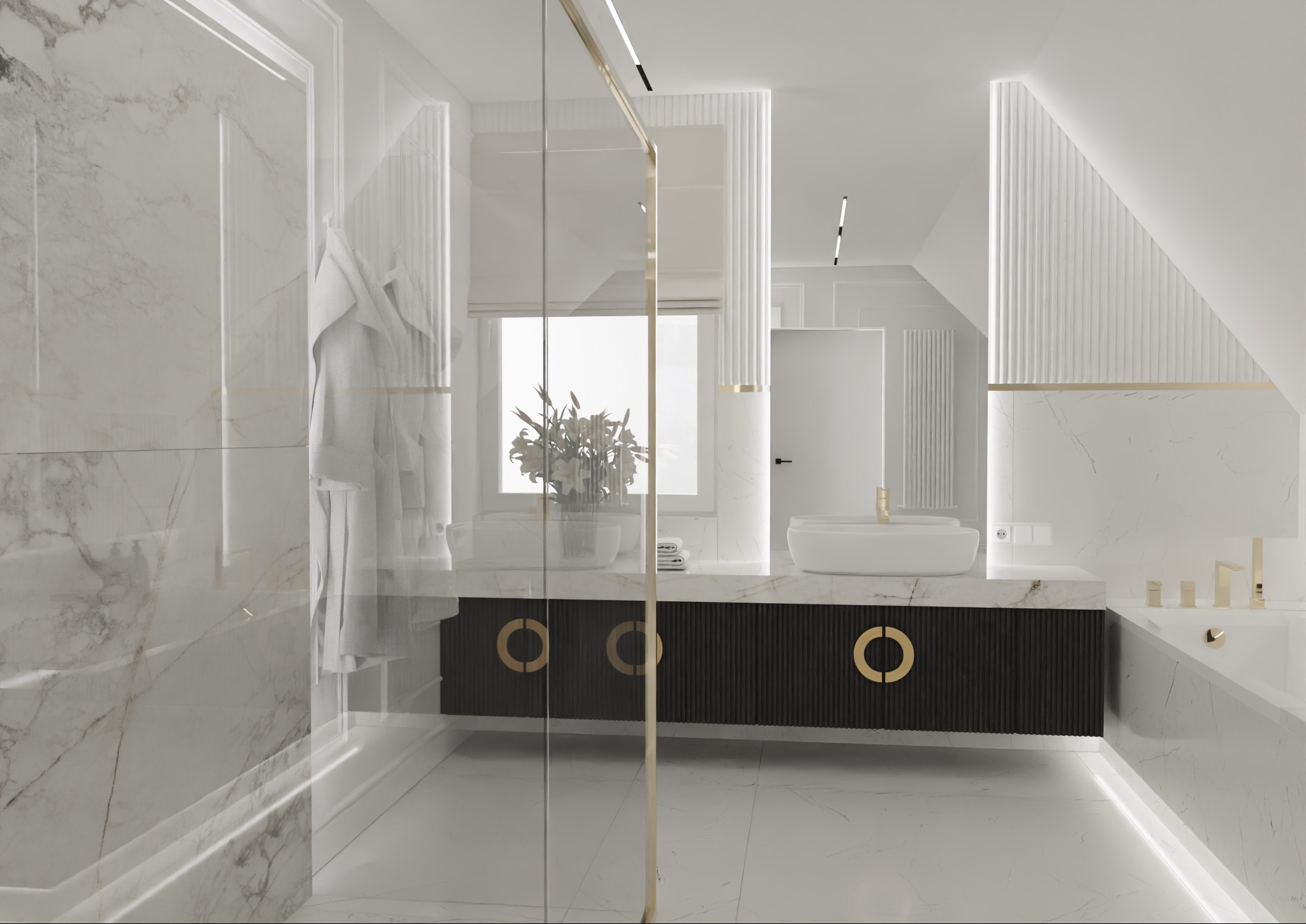 Elegancka łazienka w bieli i złocie, z marmurowymi ścianami, kabiną prysznicową ze szklaną ścianką, umywalką nablatową i szafką z ryflowanym frontem oraz okrągłymi złotymi uchwytami.
