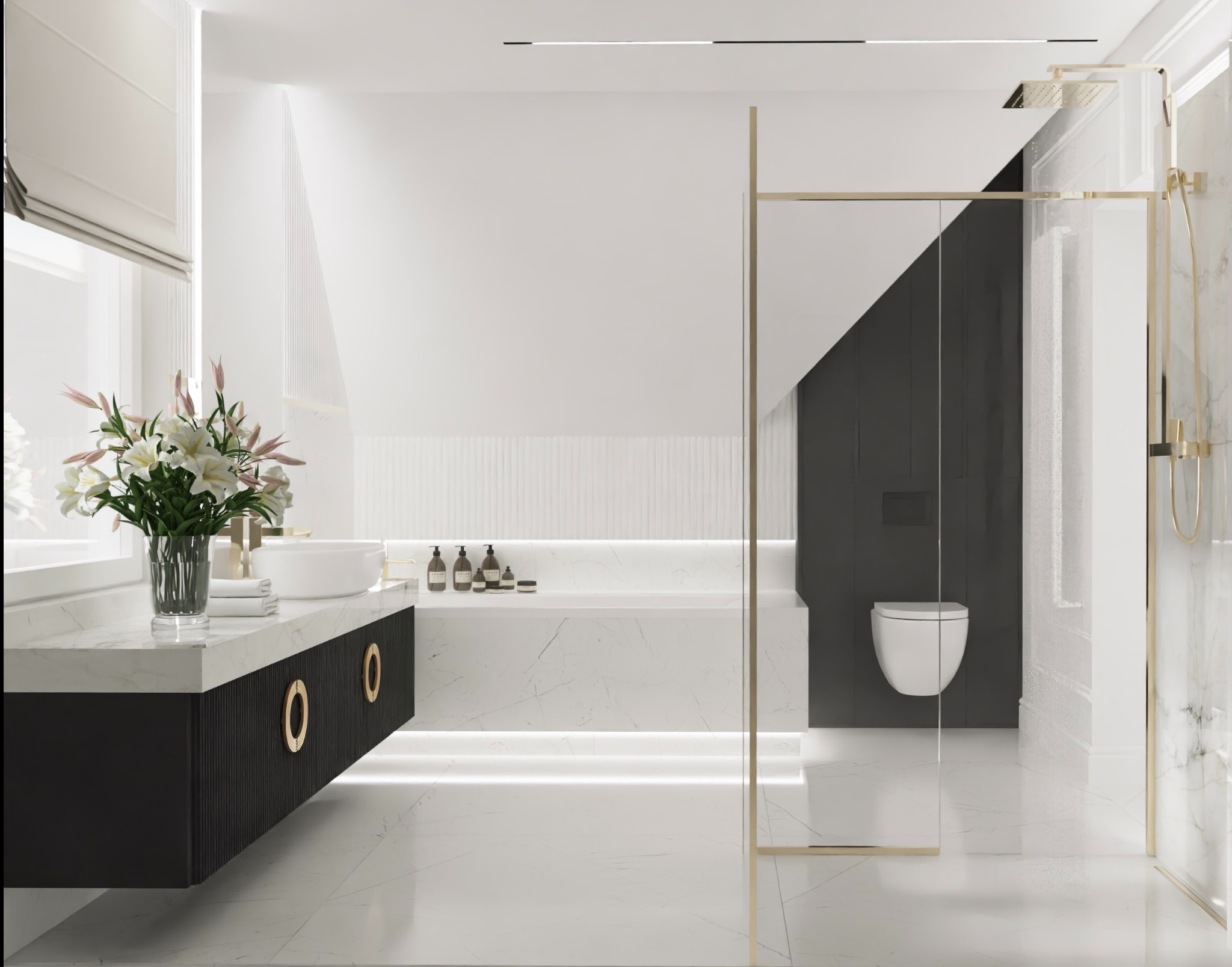 Elegancka łazienka w bieli i czerni z marmurowymi akcentami, szklaną kabiną prysznicową z złotymi ramami i wiszącą toaletą na ciemnej ścianie, oświetlenie LED podkreśla marmurową powierzchnię.
