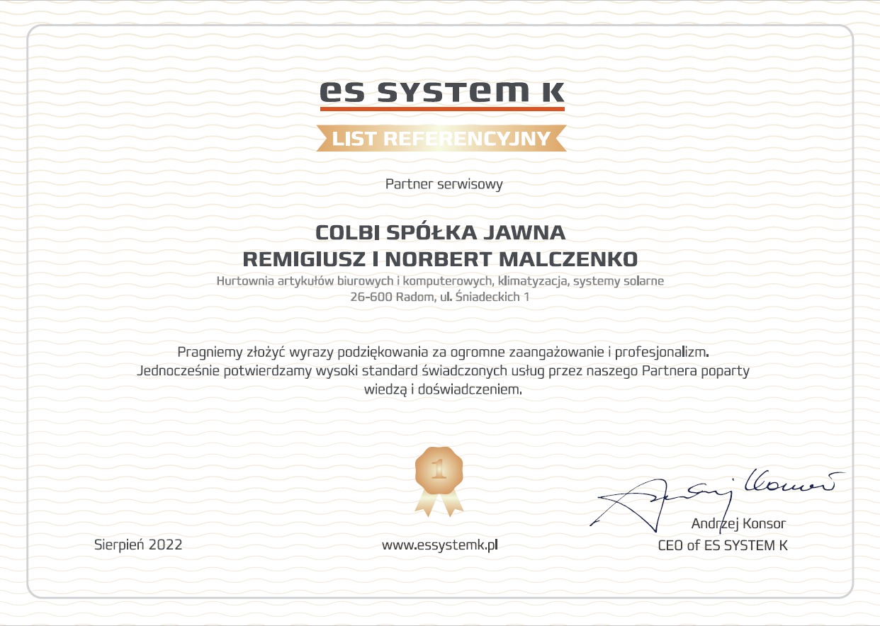 Skan listu referencyjnego dla firmy COLBI Spółka Jawna, partnera serwisowego ES SYSTEM K, z podziękowaniami za zaangażowanie i profesjonalizm w świadczeniu usług, podpisany przez CEO Andrzeja...