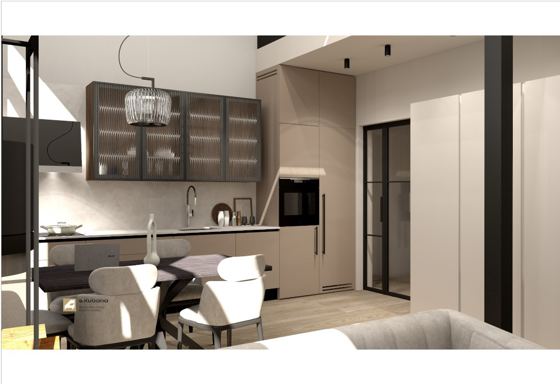 Wizualizacja kuchni z beżowymi frontami szafek, ryflowanymi górnymi szafkami, czarnym piekarnikiem w zabudowie i szklanym żyrandolem nad stołem z krzesłami.