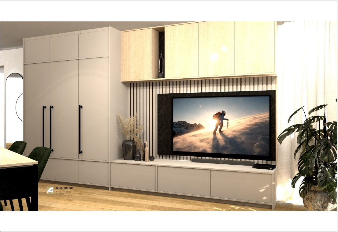 Wizualizacja salonu z zabudową meblową: szafa z długimi czarnymi uchwytami, szafki wiszące z jasnego drewna, podłużne lamele na ścianie za telewizorem w czarnej ramie, na szafce pod telewizorem...